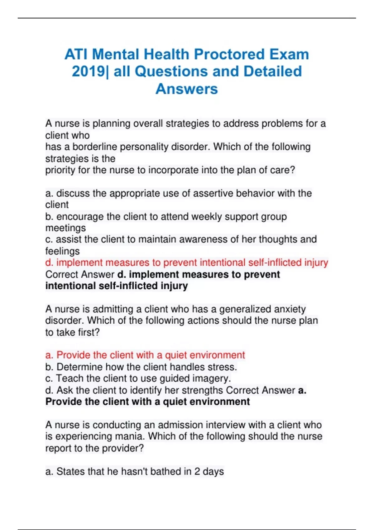 ATI Mental Health Proctored Exam 2019| All Questions And Detailed ...