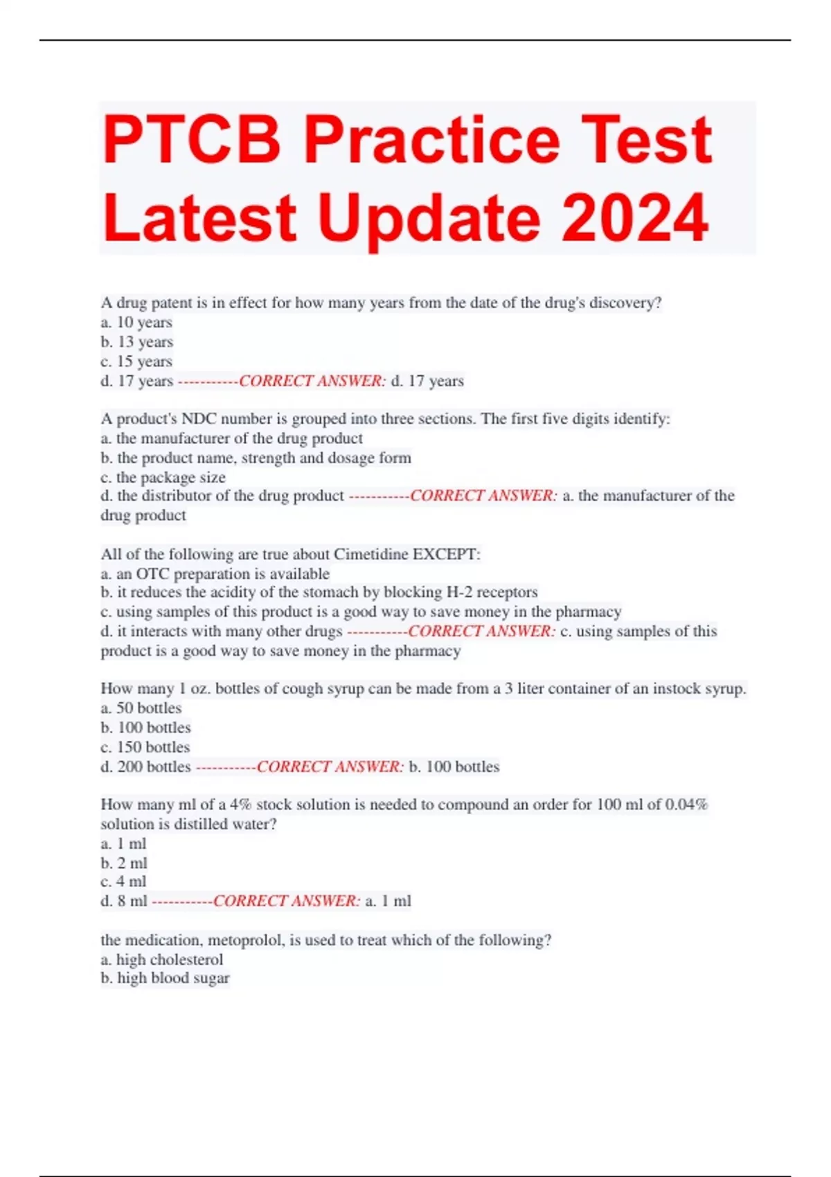 PTCB Practice Test Latest Update 2024 PTCB CSPT Stuvia US