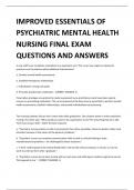 IMPROVED ESSENTIALS OF  PSYCHIATRIC MENTAL HEALTH  NURSING FINAL EXAM  QUESTIONS AND ANSWERS