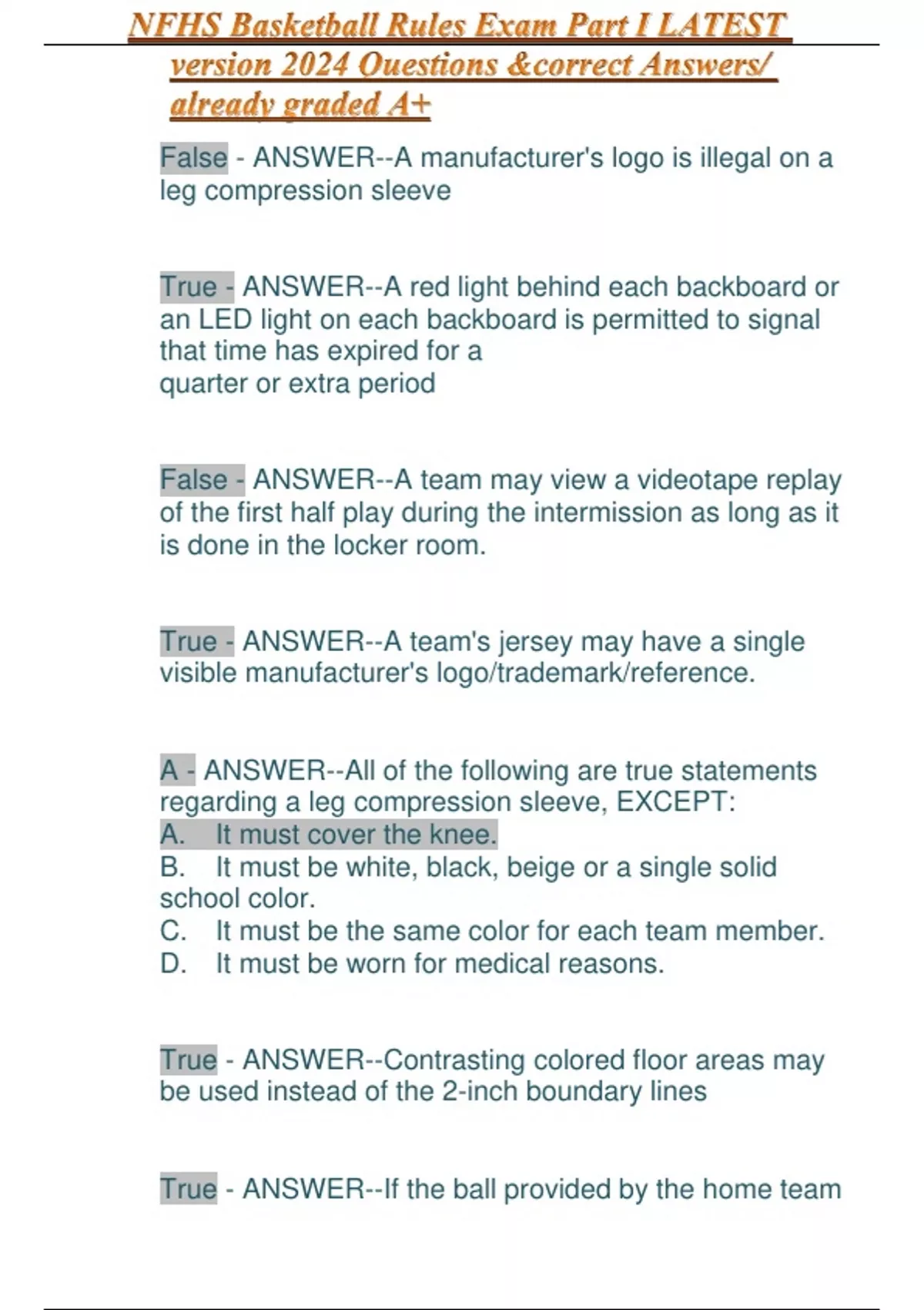 NFHS Basketball Rules Exam Part I LATEST Version 2024 Questions ...