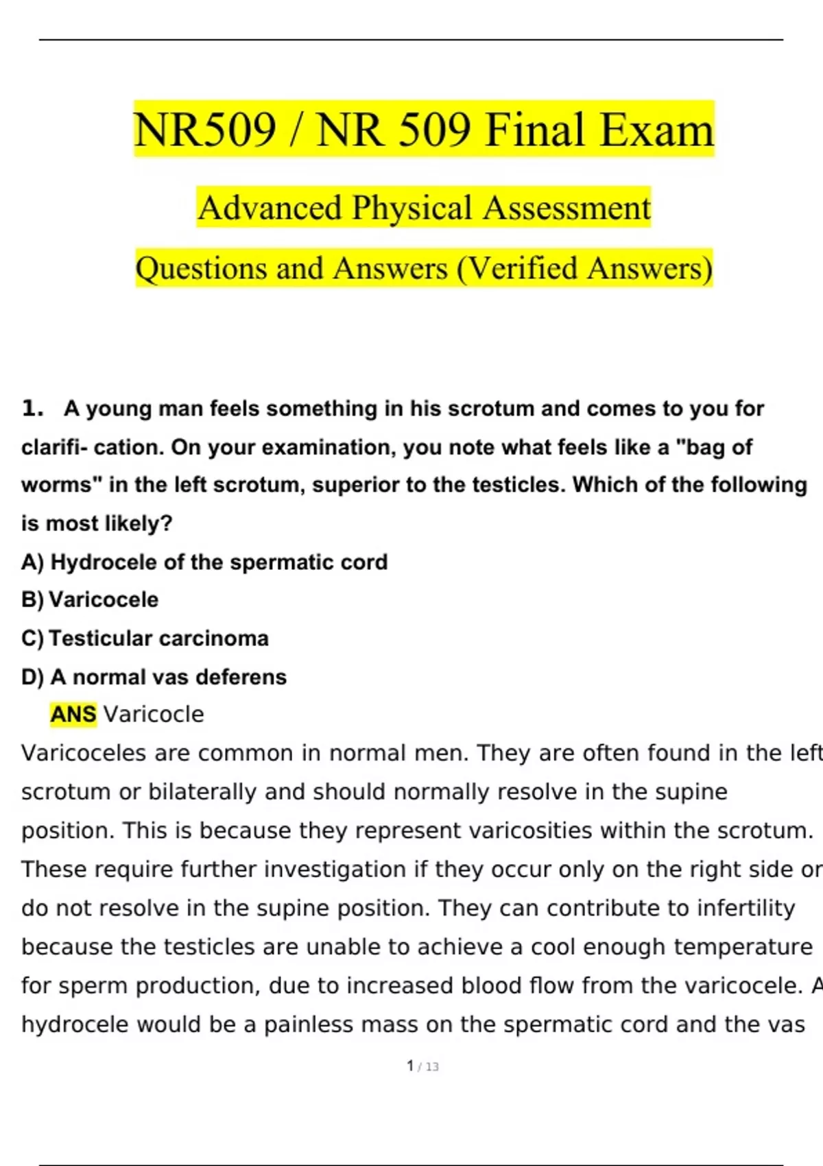 NR509 / NR 509 Final Exam Advanced Physical Assessment Questions And ...