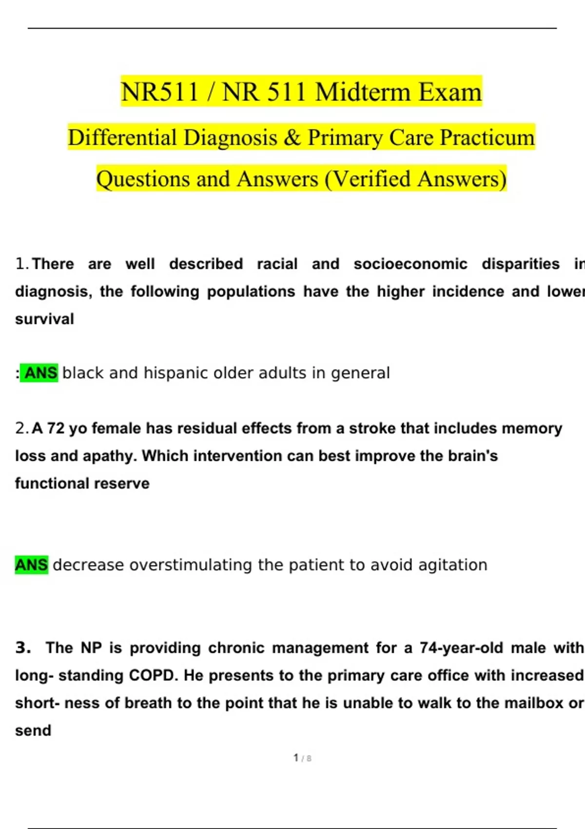 NR511 / NR 511 Midterm Exam Differential Diagnosis & Primary Care ...