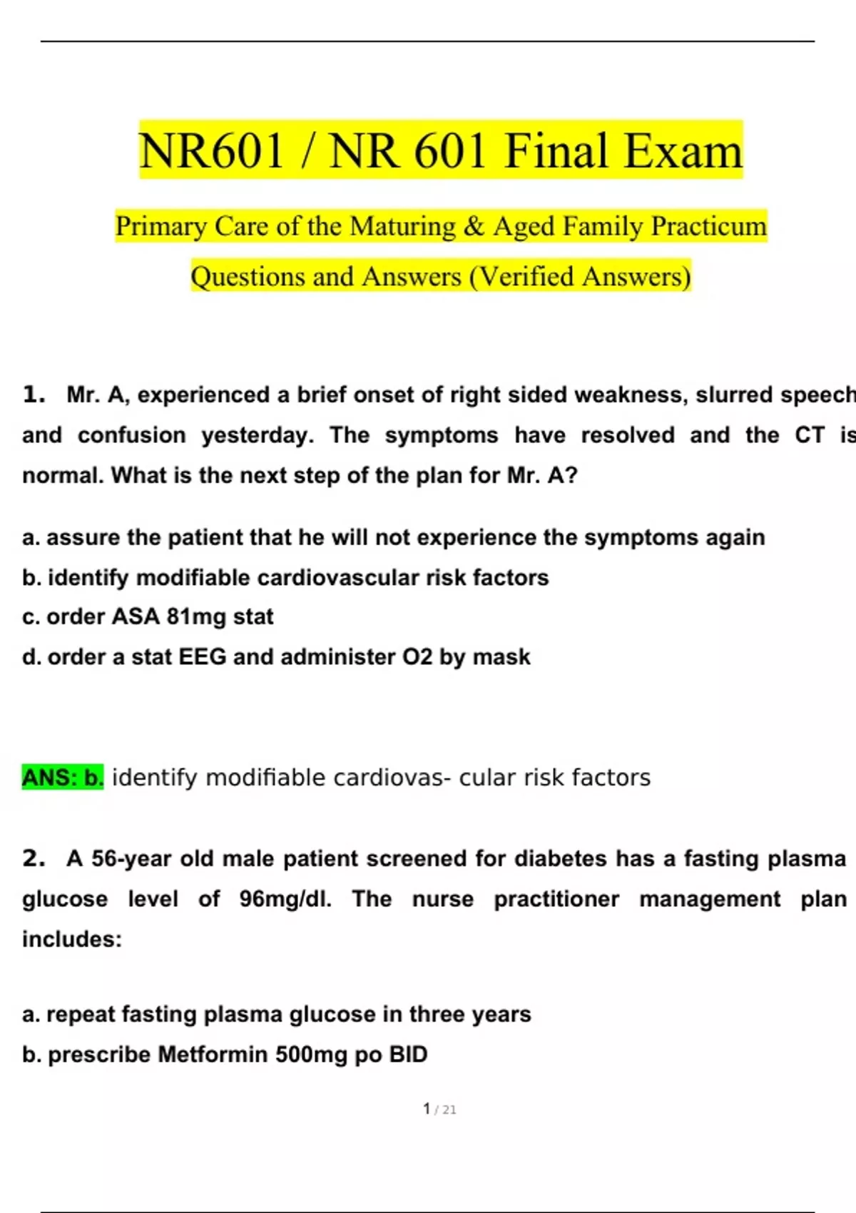 NR601 / NR 601 Final Exam Primary Care of the Maturing & Aged Family