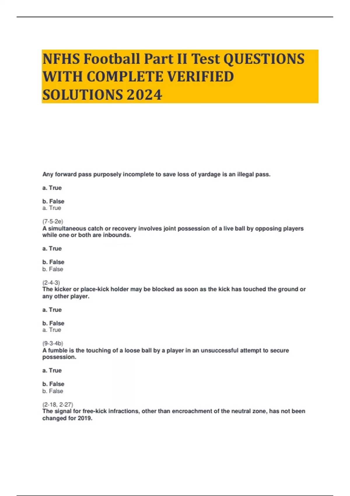 NFHS Football Part II Test QUESTIONS WITH COMPLETE VERIFIED SOLUTIONS ...