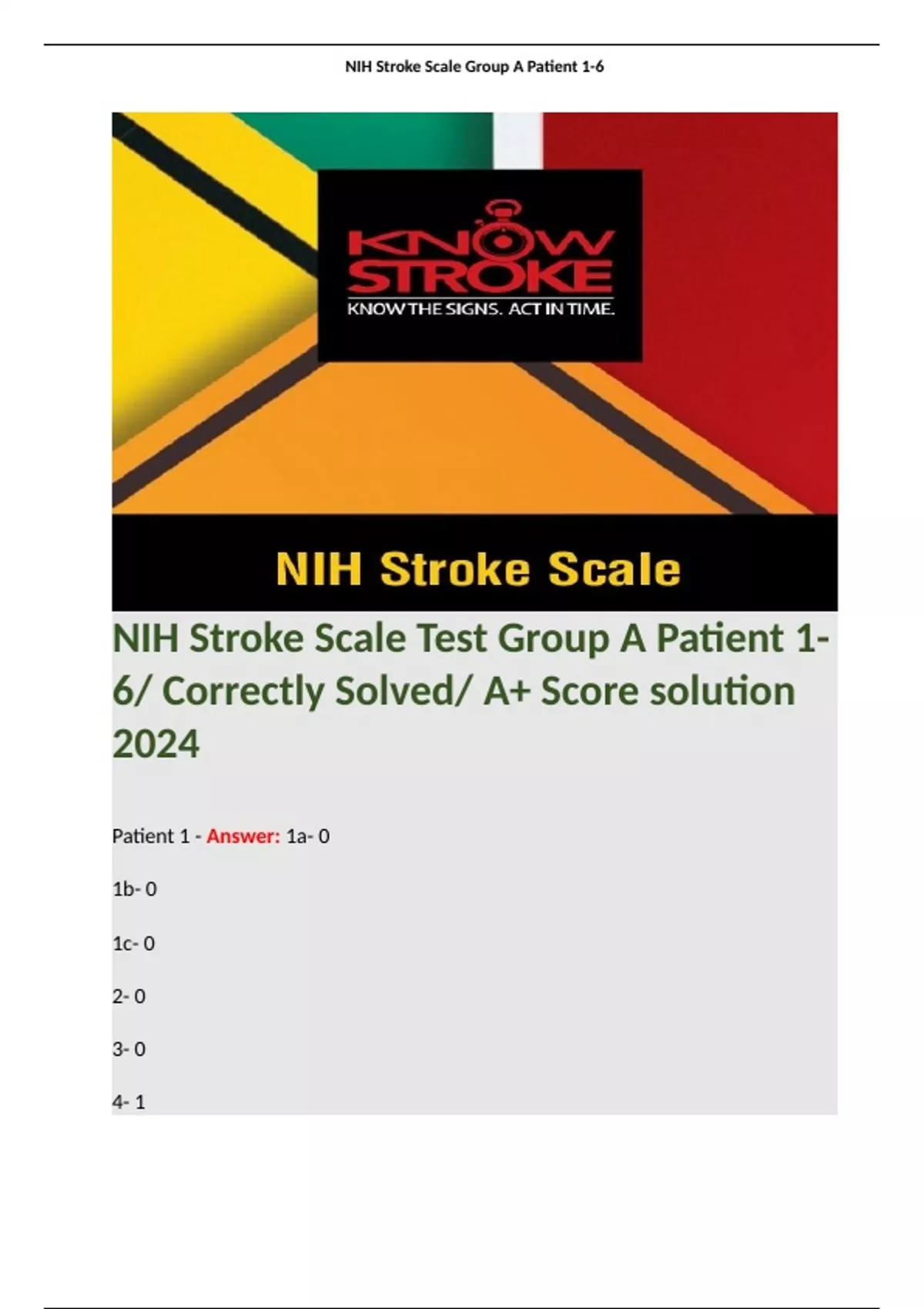 NIH Stroke Scale Test Group A Patient 1-6/ Correctly Solved/ A+ Score ...