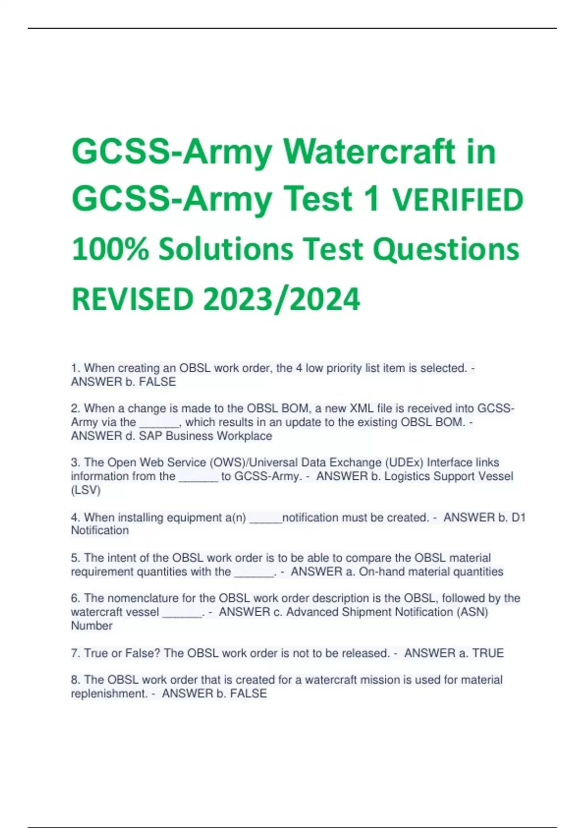 GCSS-Army Watercraft In GCSS-Army Test 1 VERIFIED 100% Solutions Test ...