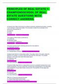 PRINCIPLES OF REAL ESTATE 1- CHAMPIONS SCHOOL OF REAL ESTATE QUESTIONS WITH CORRECT ANSWERS. 