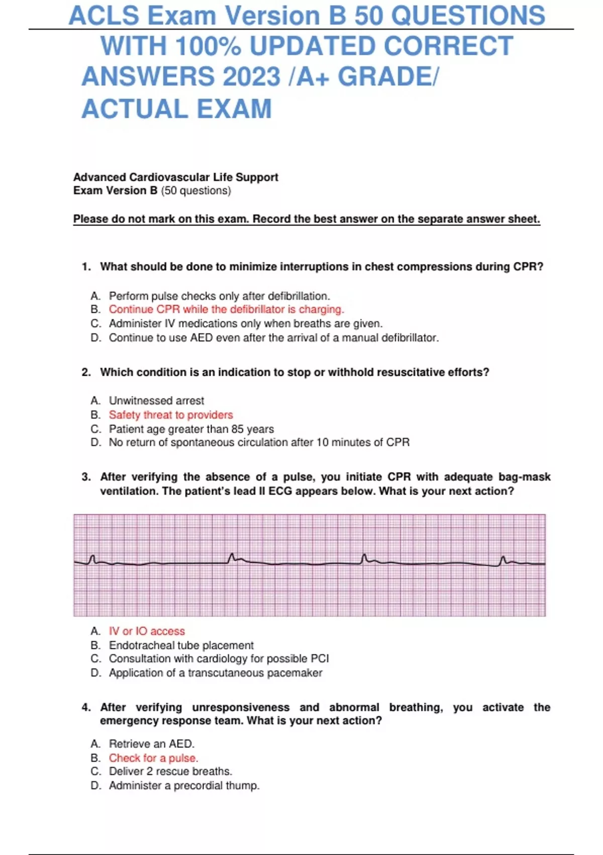 ACLS Exam Version B 50 QUESTIONS WITH 100% UPDATED CORRECT ANSWERS 2023 ...