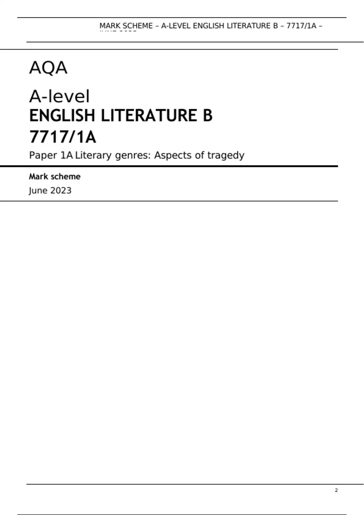 AQA A-level ENGLISH LITERATURE B 7717/1A Paper 1A Literary Genres ...