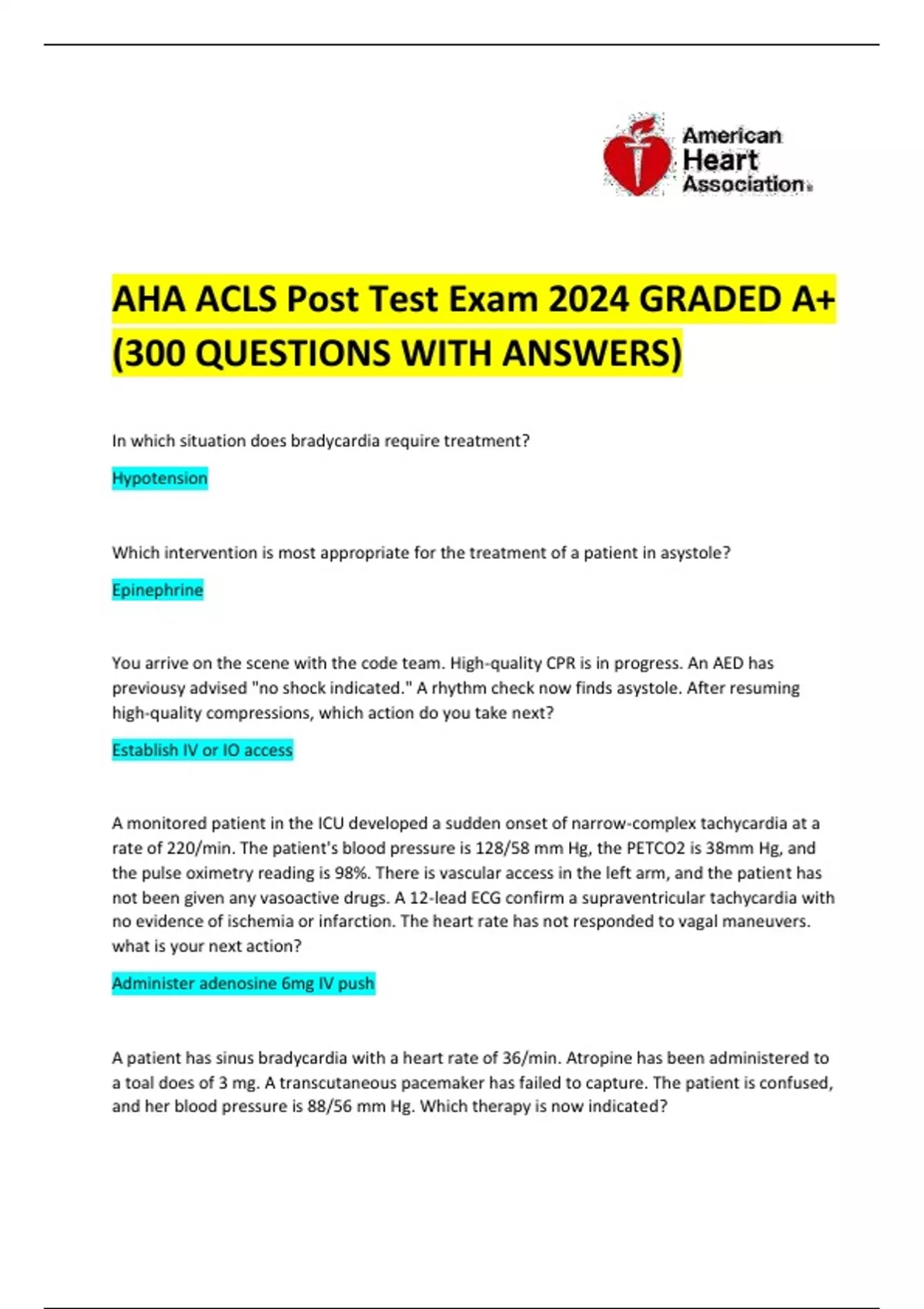 AHA ACLS Post Test Exam 2024 GRADED A+ (300 QUESTIONS WITH ANSWERS