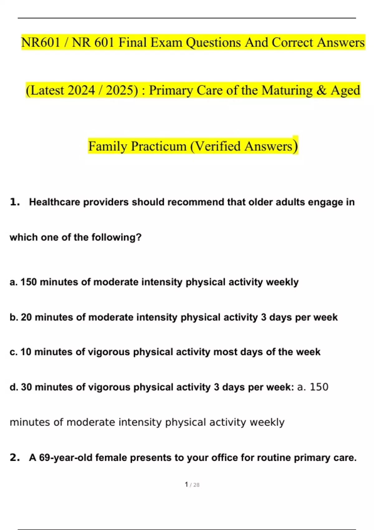 NR601 / NR 601 Final Exam Qs & Ans (Latest 2024 / 2025) Primary Care