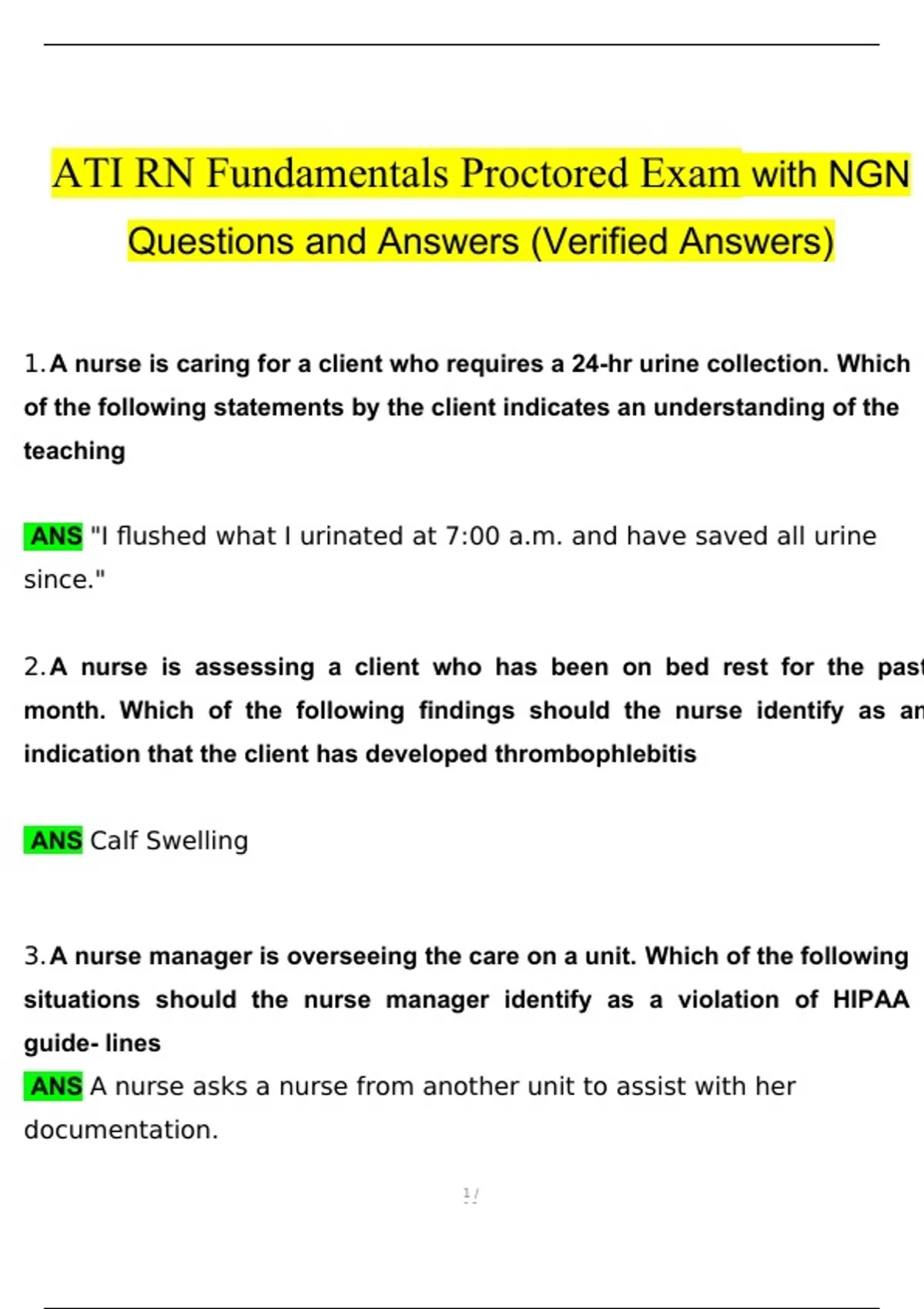 ATI RN Fundamentals Proctored Exam with NGN with Questions and Answers