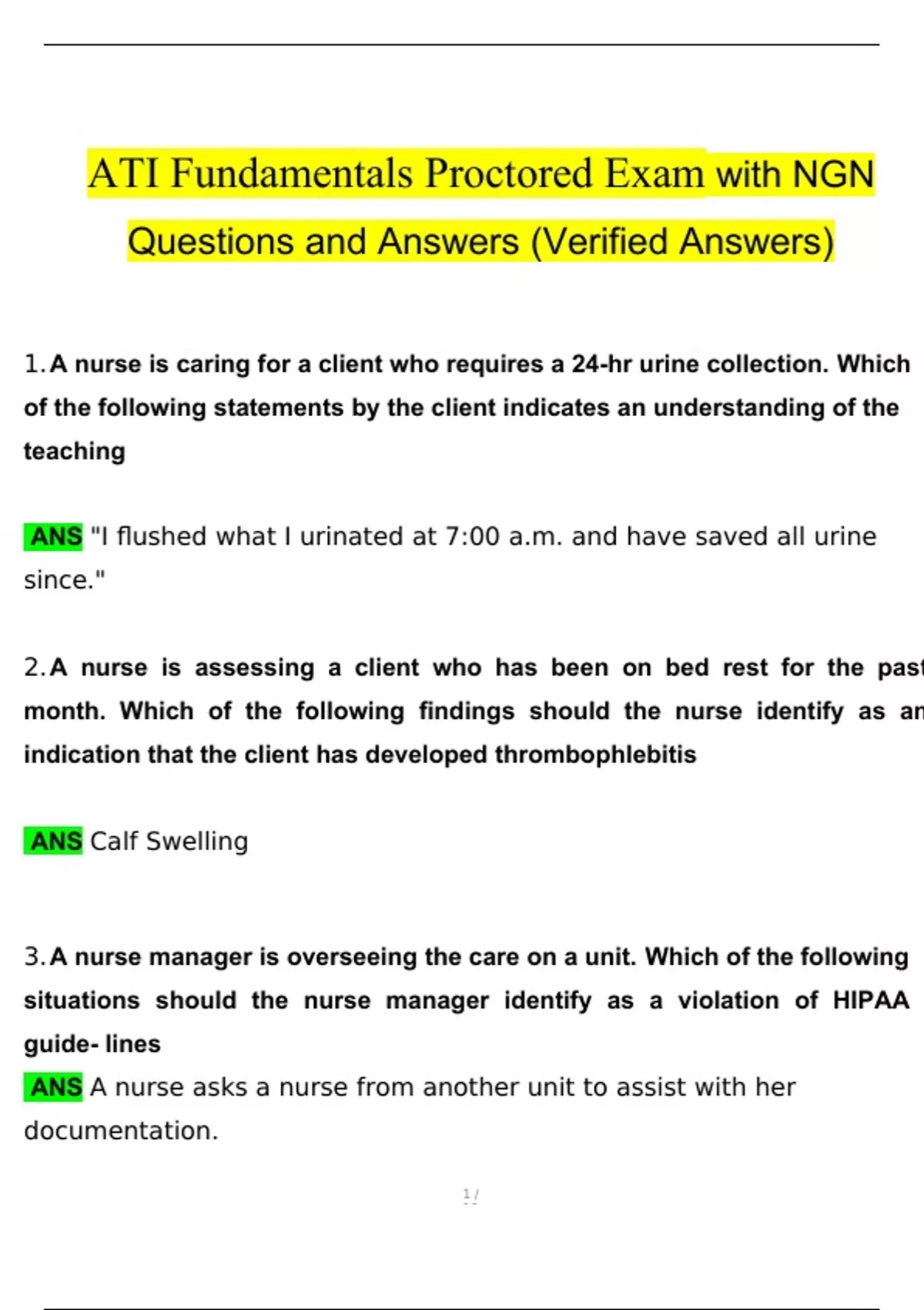 ATI Fundamentals Proctored Exam with NGN Exam Questions and Answers 2024 / 2025 100 Verified