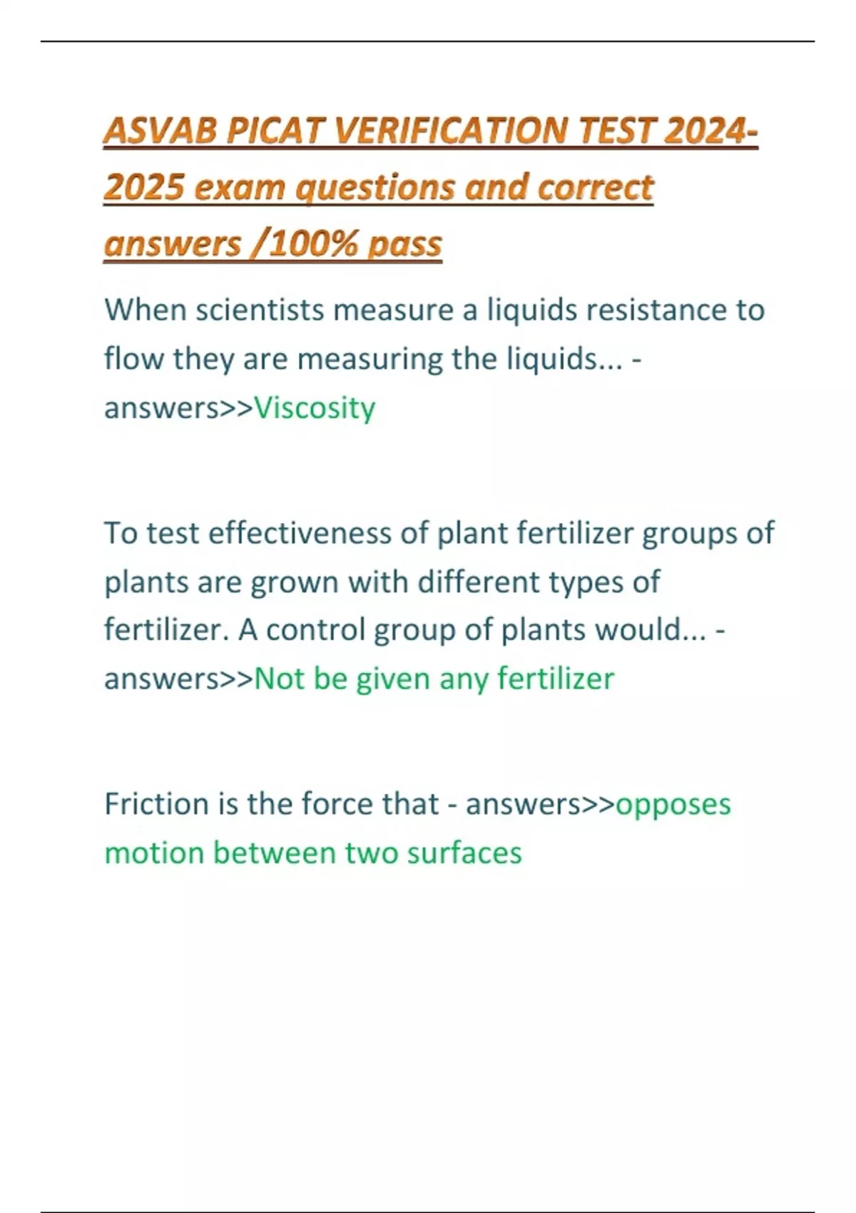 ASVAB PICAT VERIFICATION TEST Exam Questions And Correct Answers /100% ...