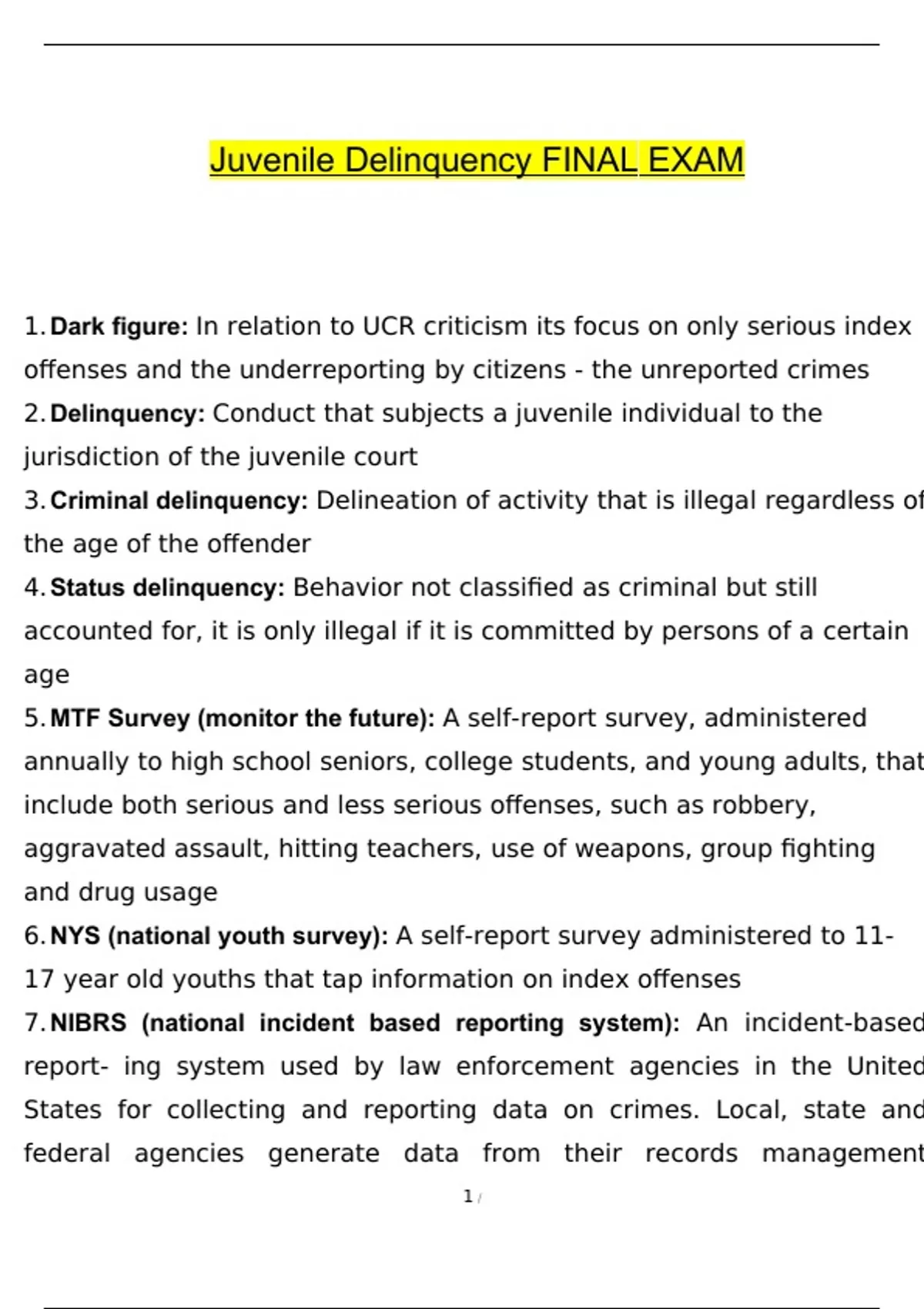 Juvenile Delinquency Final Exam Questions And Answers 100% Correct ...