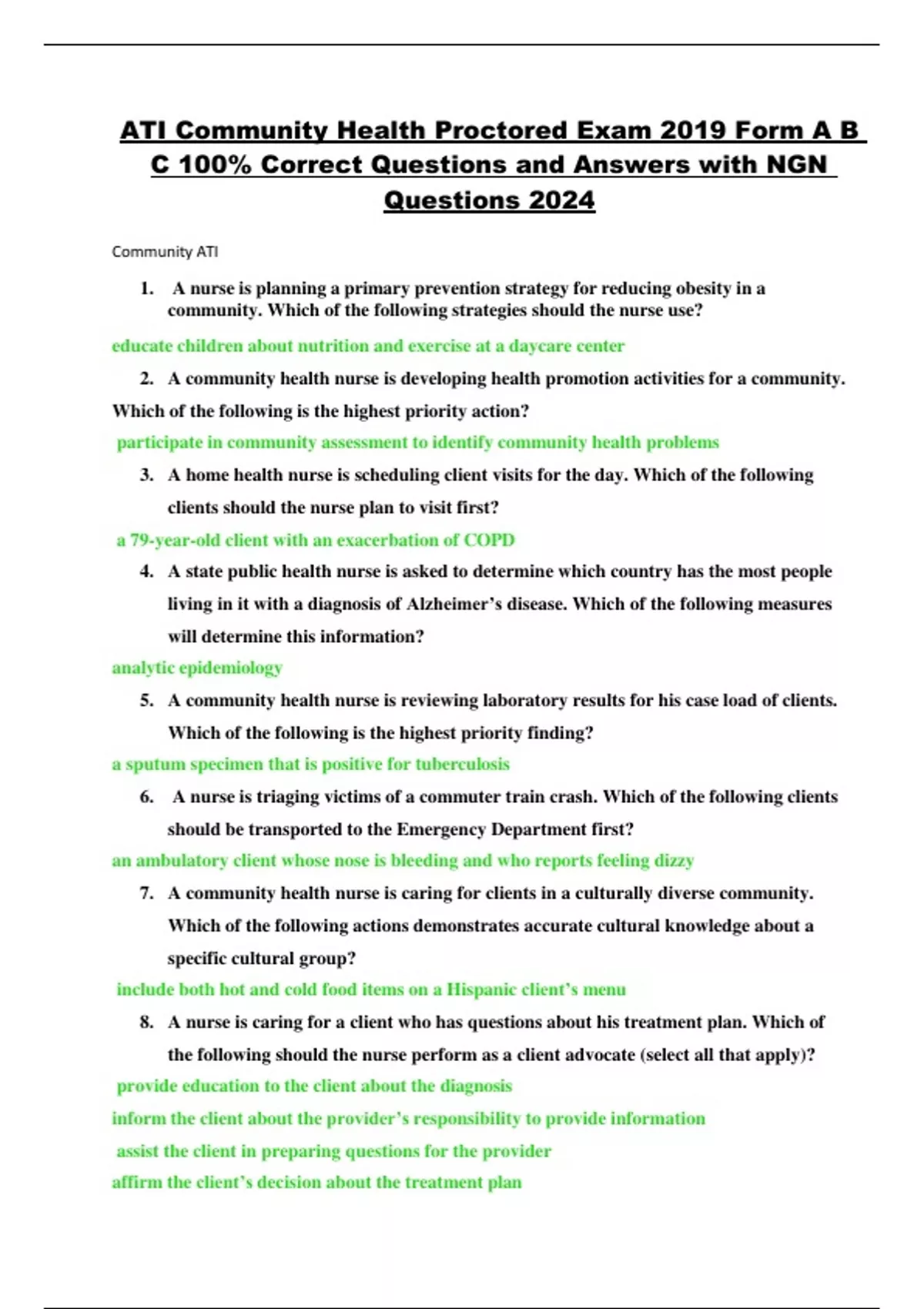 ATI Community Health Proctored Exam 2019 Form A B C 100 Correct Questions and Answers with NGN