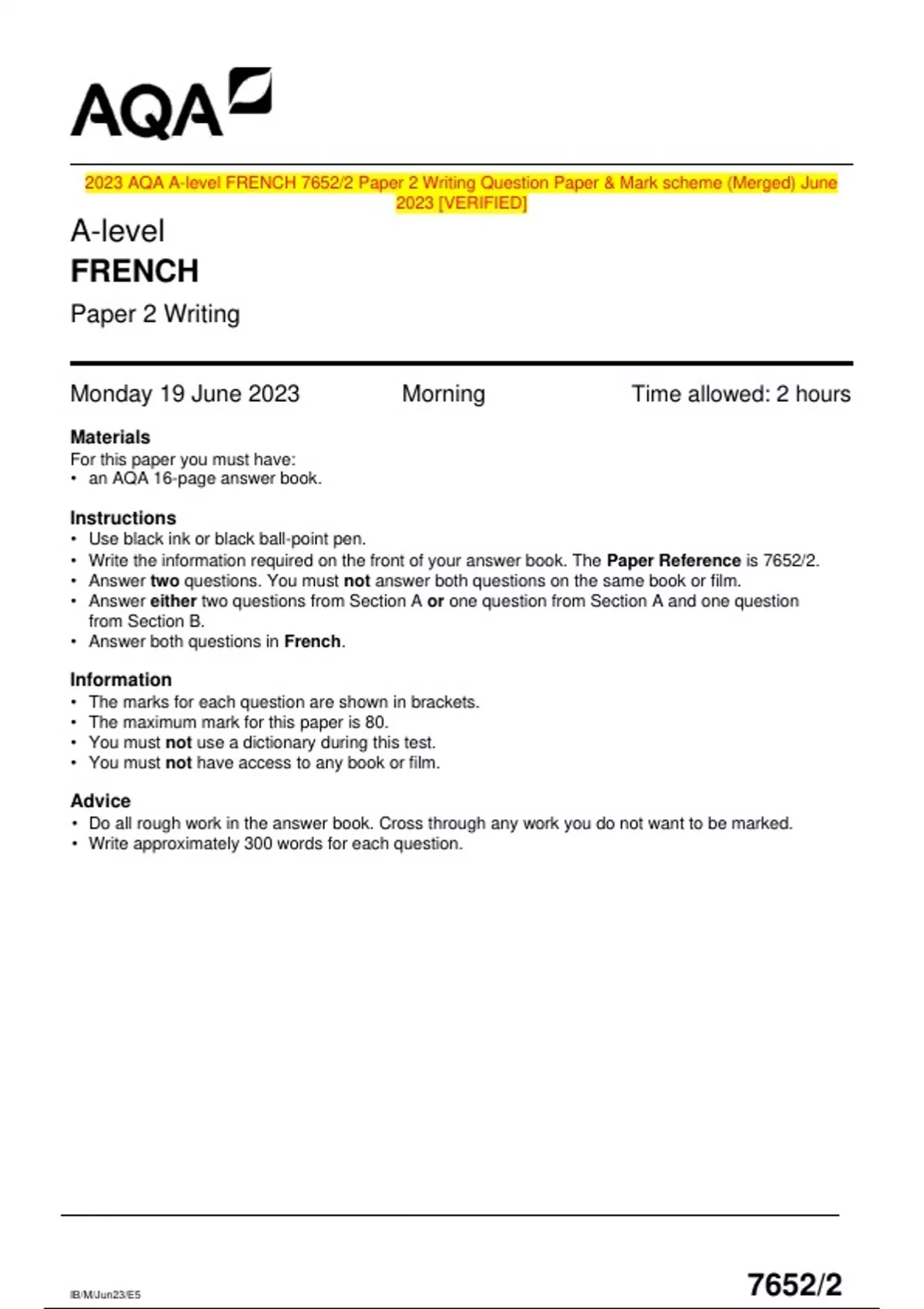 2023 AQA Alevel FRENCH 7652/2 Paper 2 Writing Question Paper & Mark