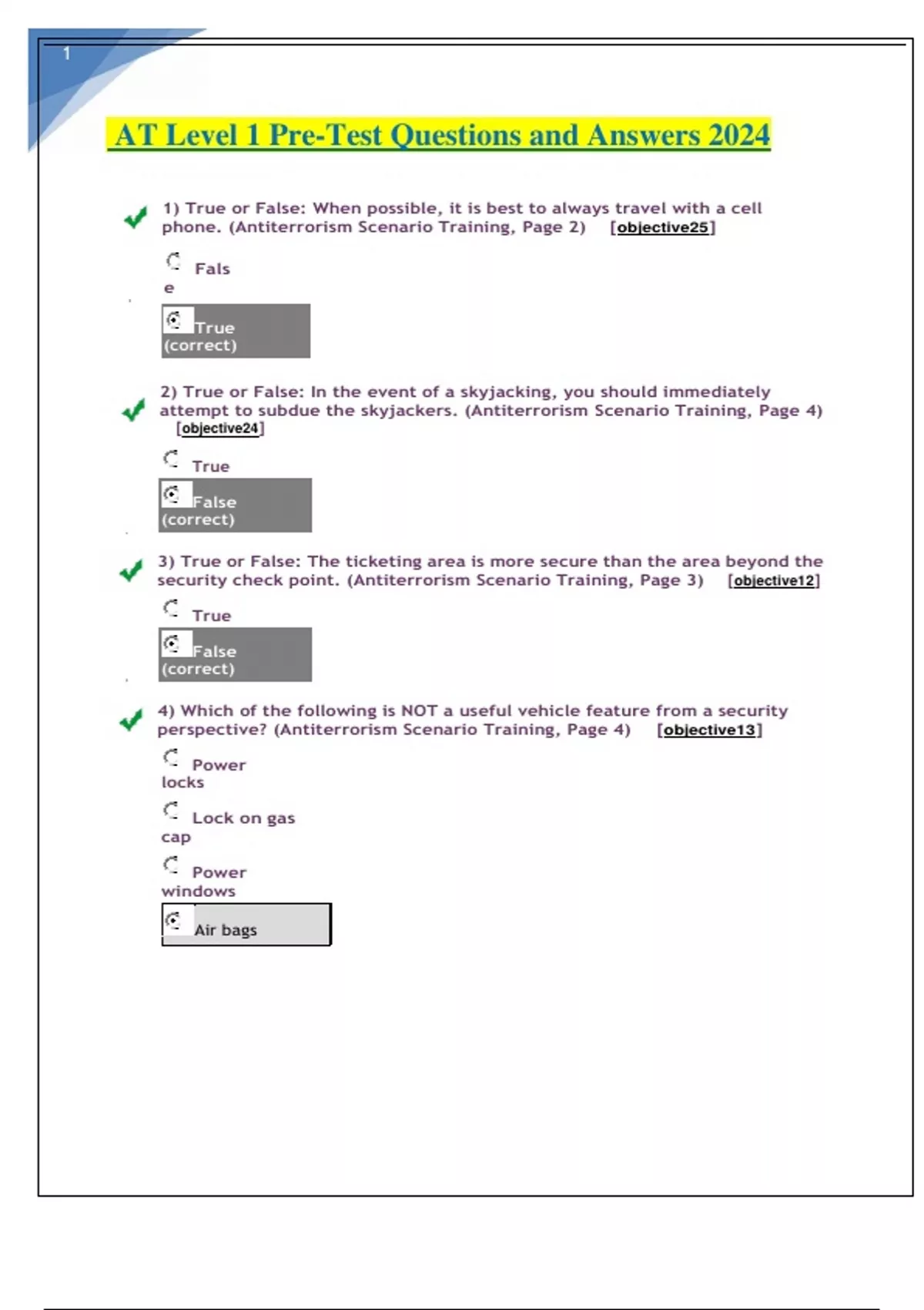 AT Level 1 PreTest Questions and Answers 2024 At level 1 Stuvia US