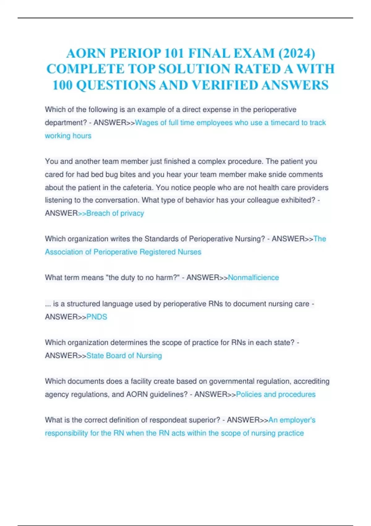 AORN PERIOP 101 FINAL EXAM (2024) COMPLETE TOP SOLUTION RATED A WITH ...