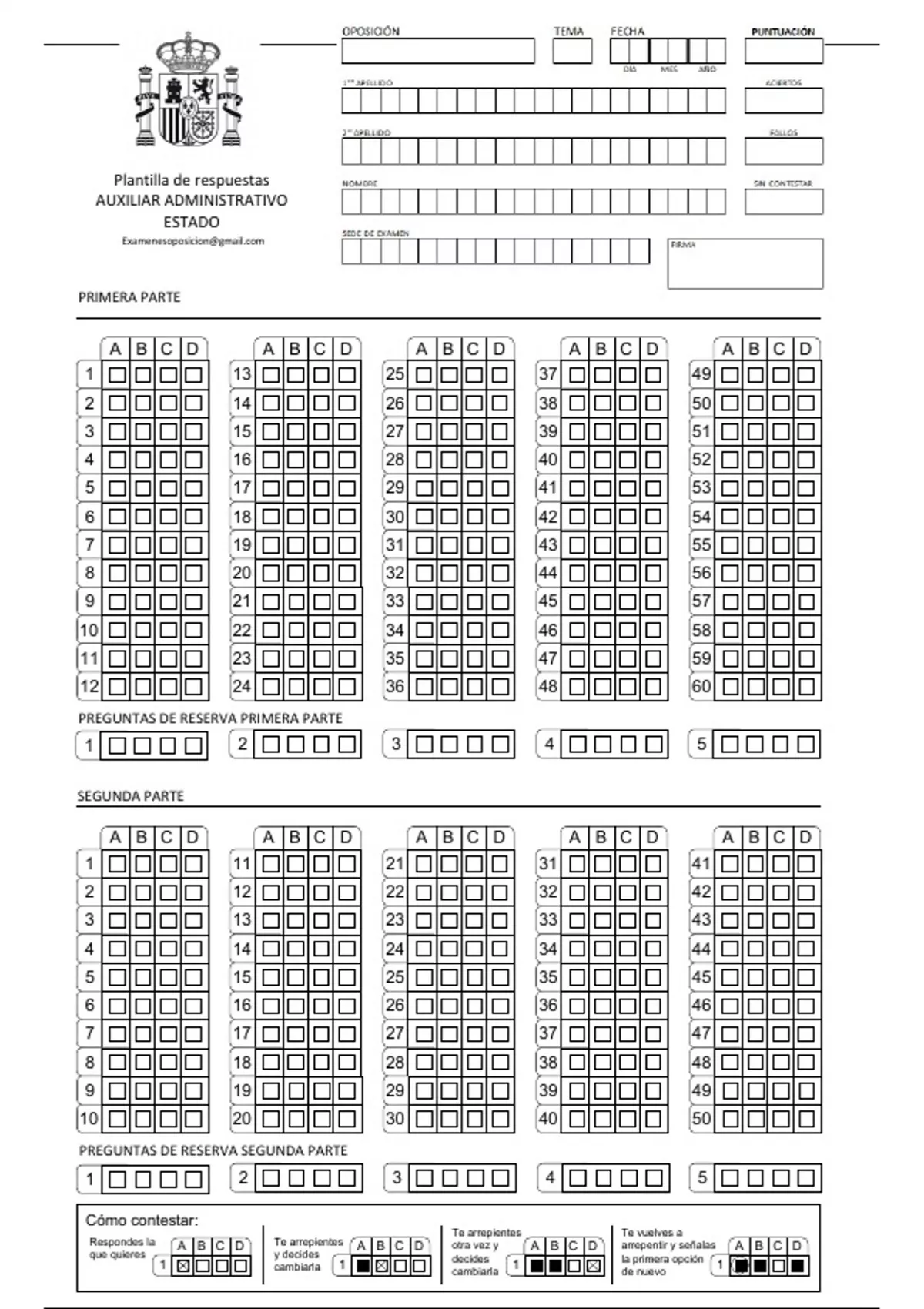 Plantilla De Respuestas Para Oposición Auxiliar Administrativo Del Estado Auxiliar 1639