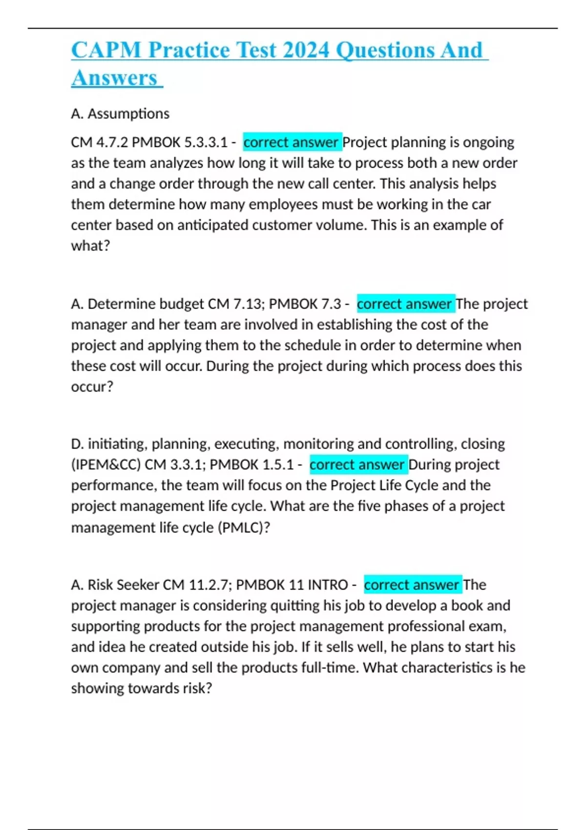 CAPM Practice Test 2024 Questions And Answers - CAPM . - Stuvia US