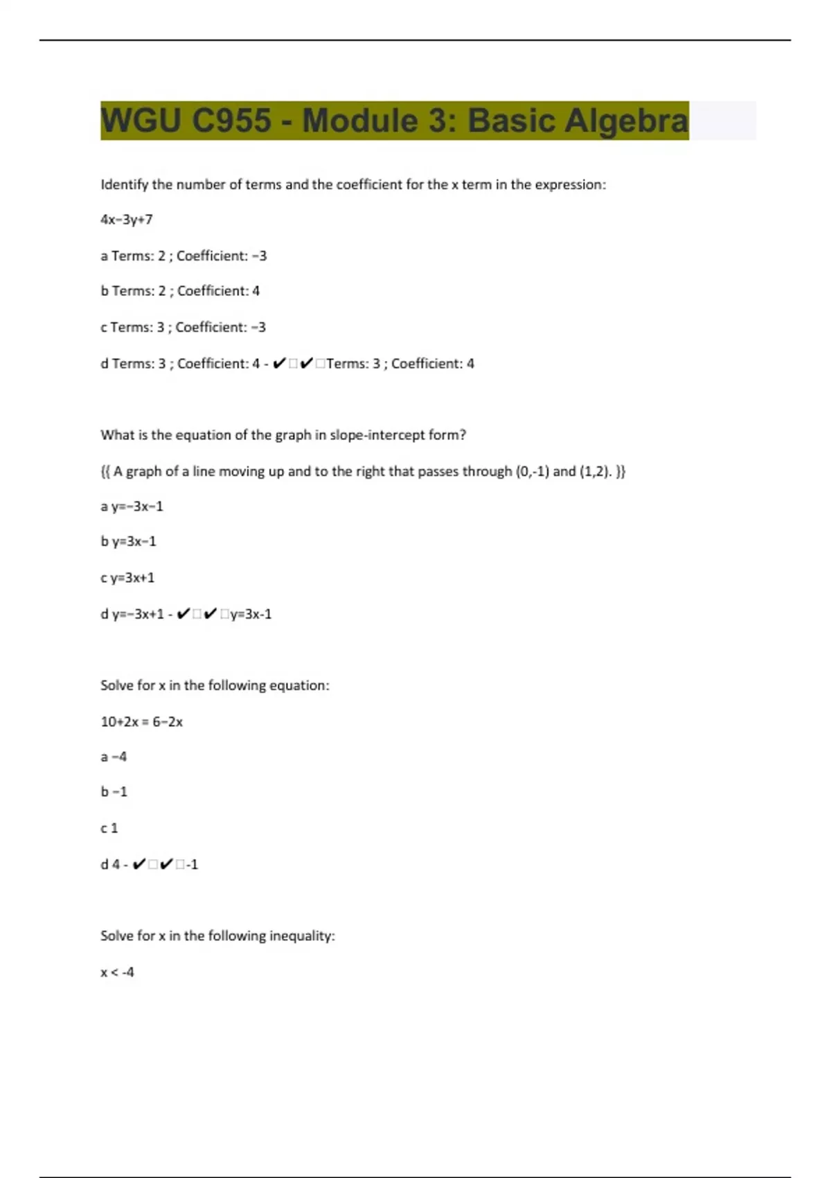 WGU C955 - Module 3: Basic Algebra 60 Questions With 100% Correct ...