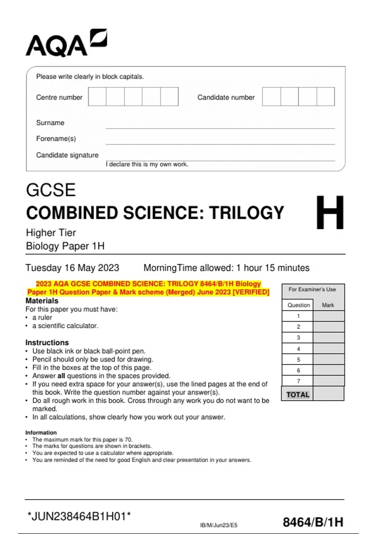 2023 Aqa Gcse Combined Science Trilogy 8464b1h Biology Paper 1h Question Paper And Mark Scheme 6888