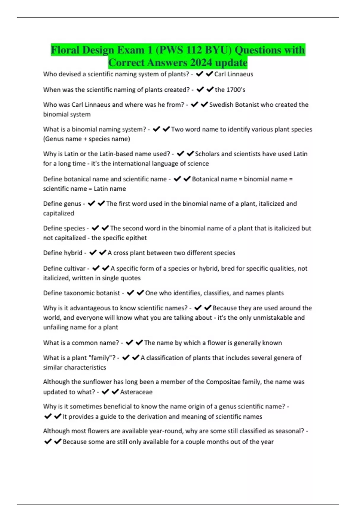 Floral Design Exam 1 (PWS 112 BYU) Questions with Correct Answers 2024