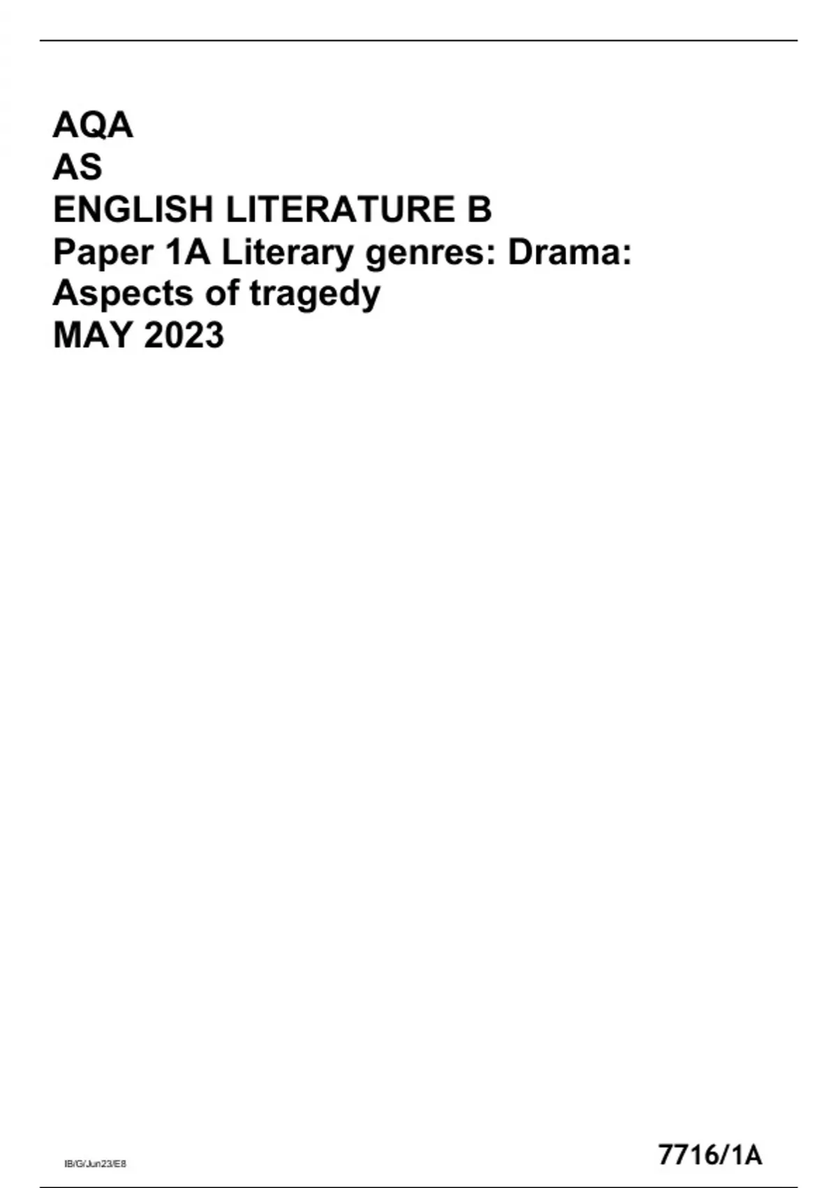 AQA AS ENGLISH LITERATURE B Paper 1A Literary Genres: Drama: Aspects Of ...