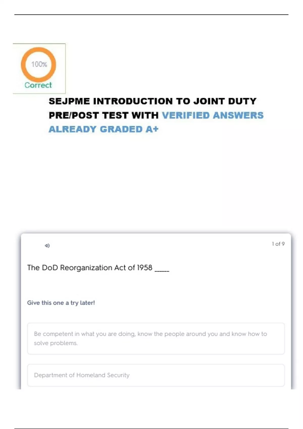 Sejpme Introduction To Joint Duty Prepost Questions With Correct Answers Latest Update Sejpme