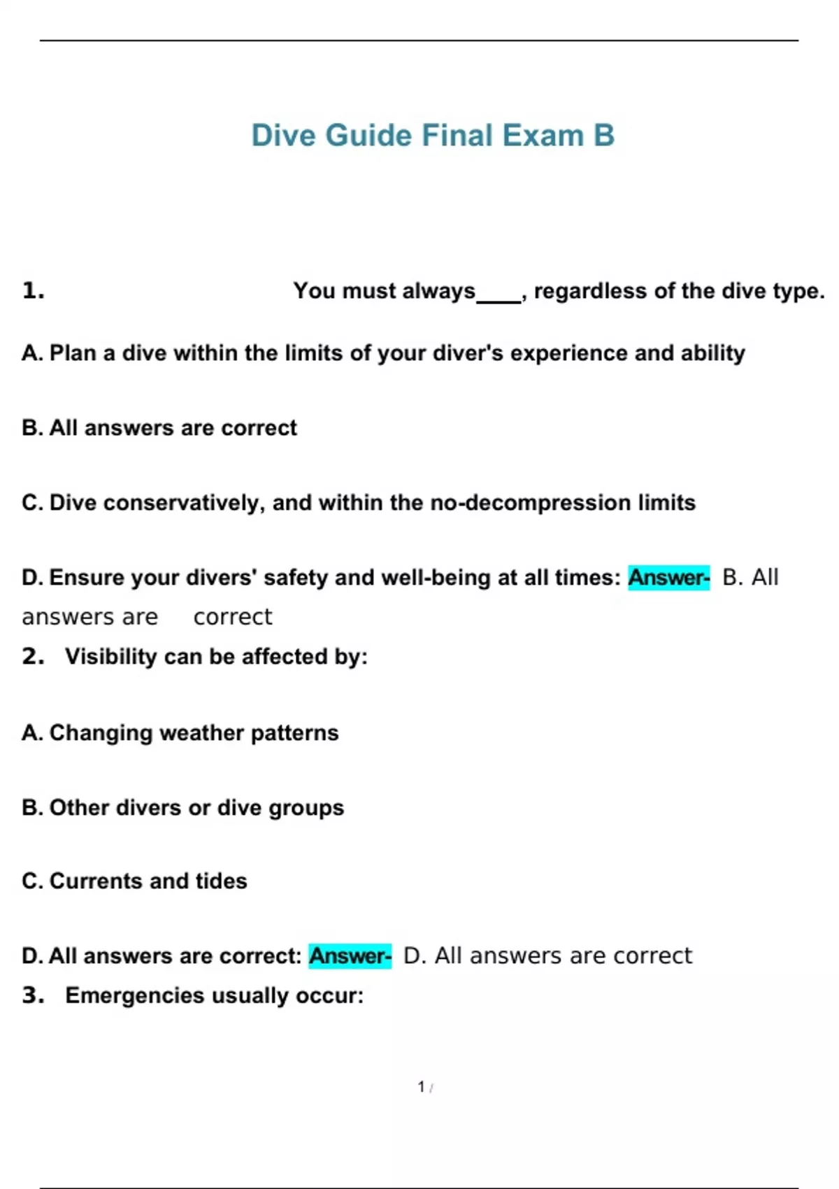 Dive Guide Final Exam B Questions and Answers with complete solution