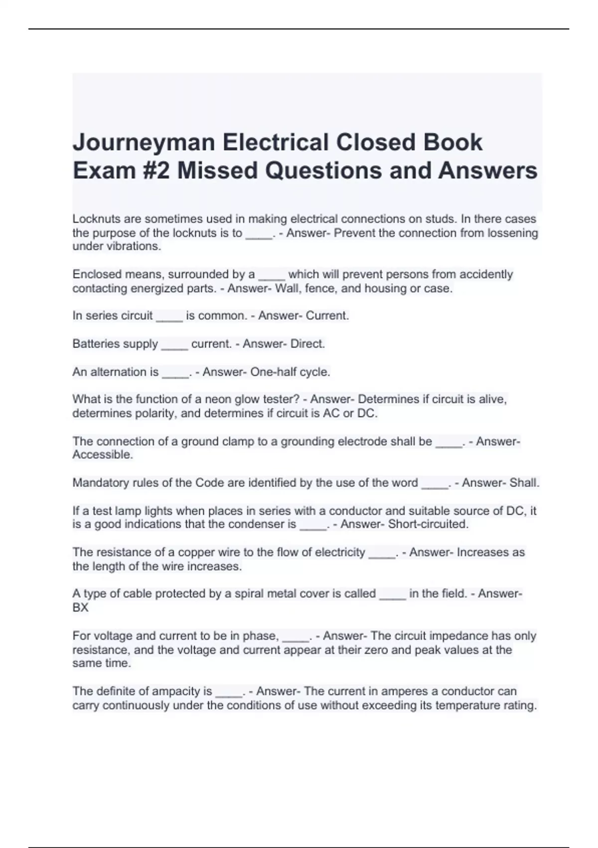 Journeyman Electrical Closed Book Exam 2 Missed Questions and