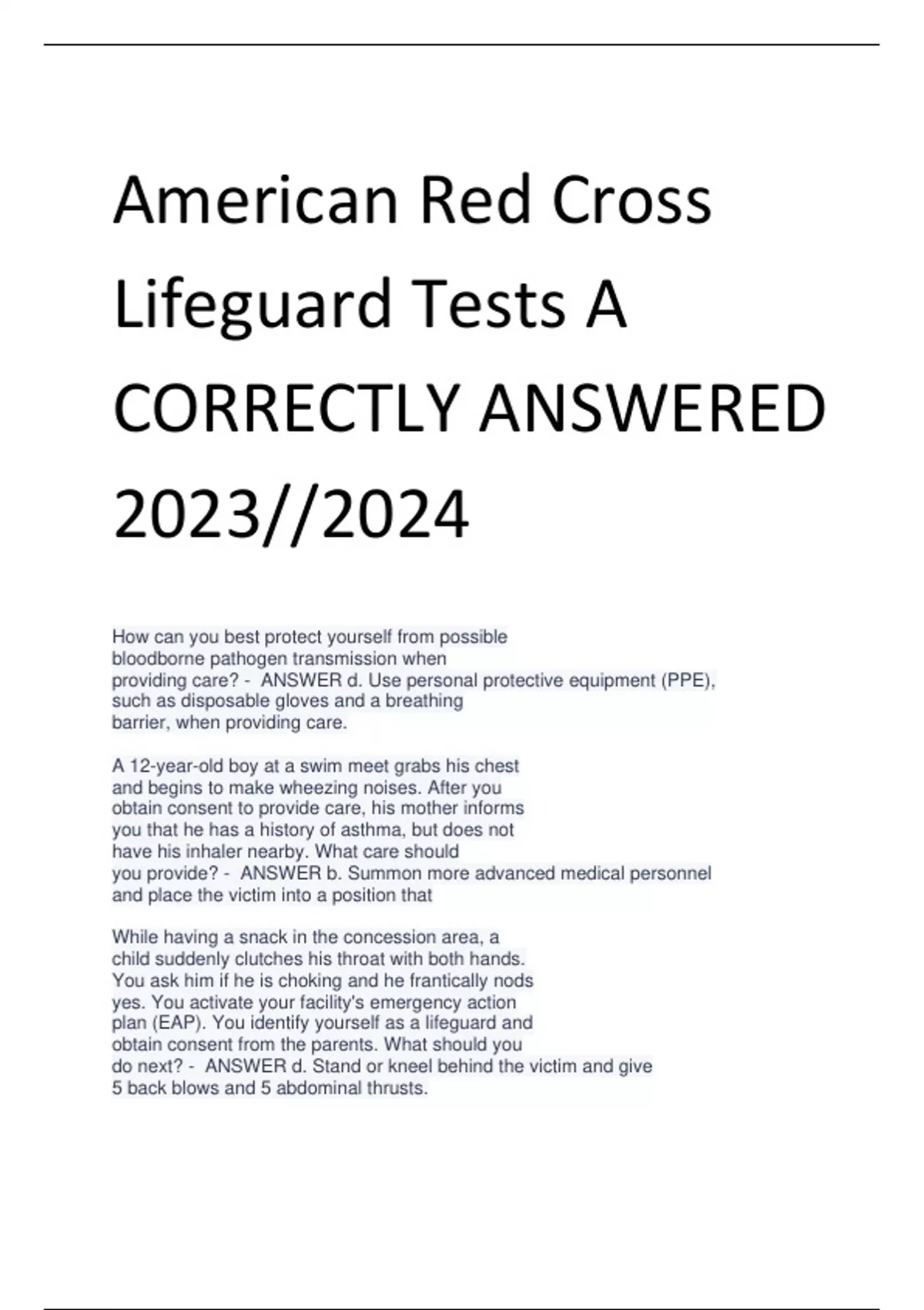 American Red Cross Lifeguard Tests A CORRECTLY ANSWERED 2023//2024