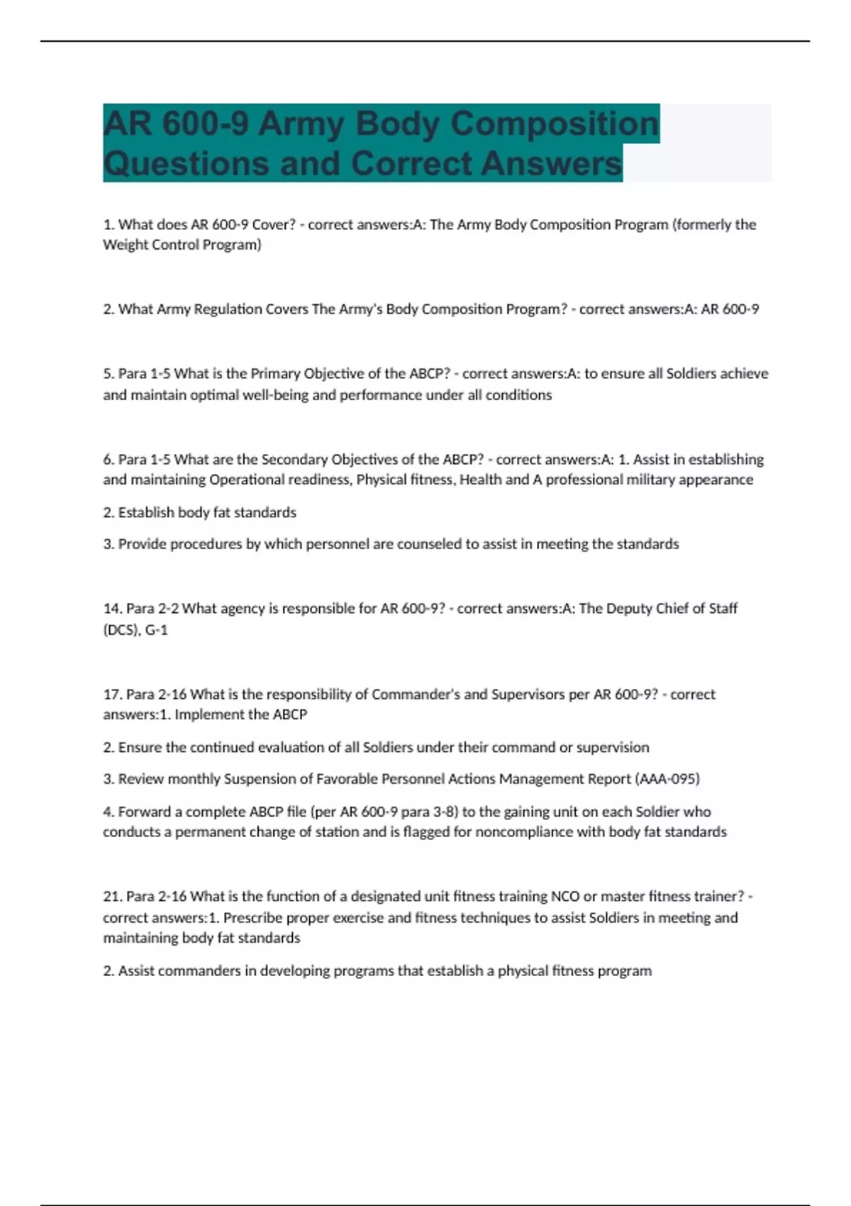 AR 6009 Army Body Composition Questions and Correct Answers. Body