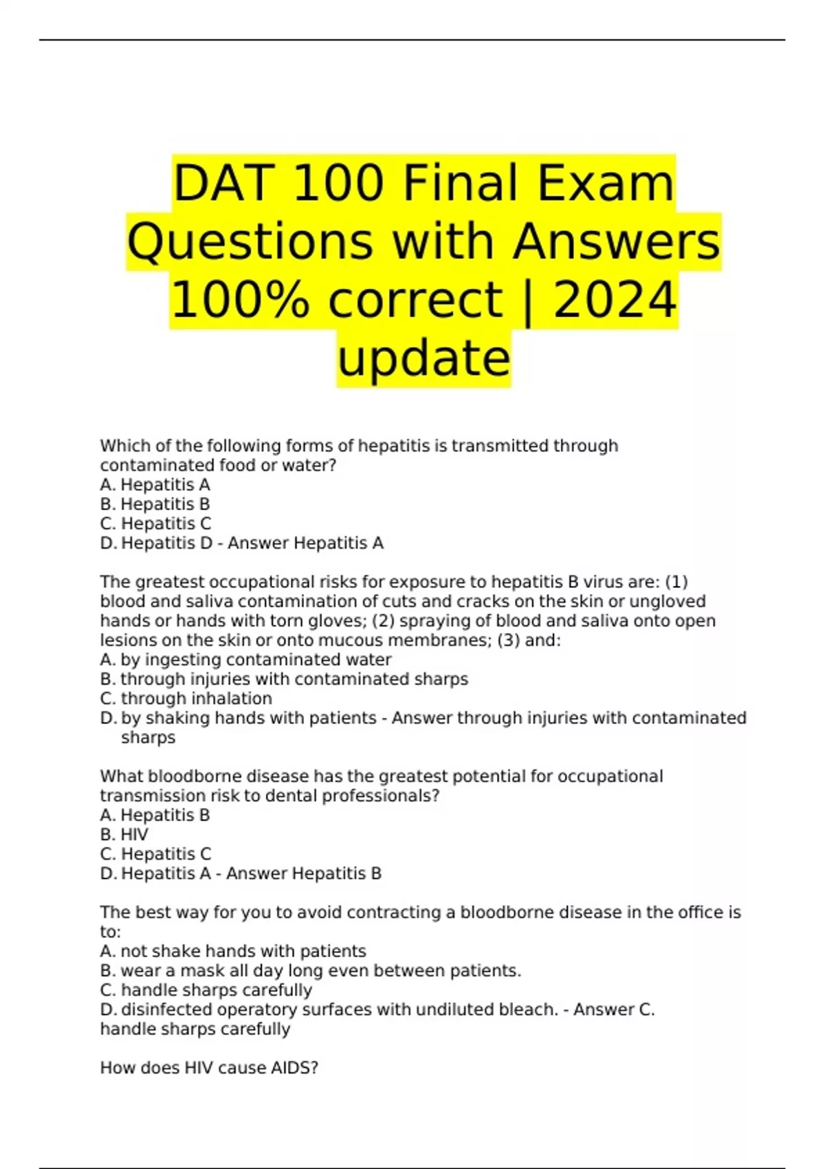 DAT Questions with Answers 100 correct combined package deal 2024