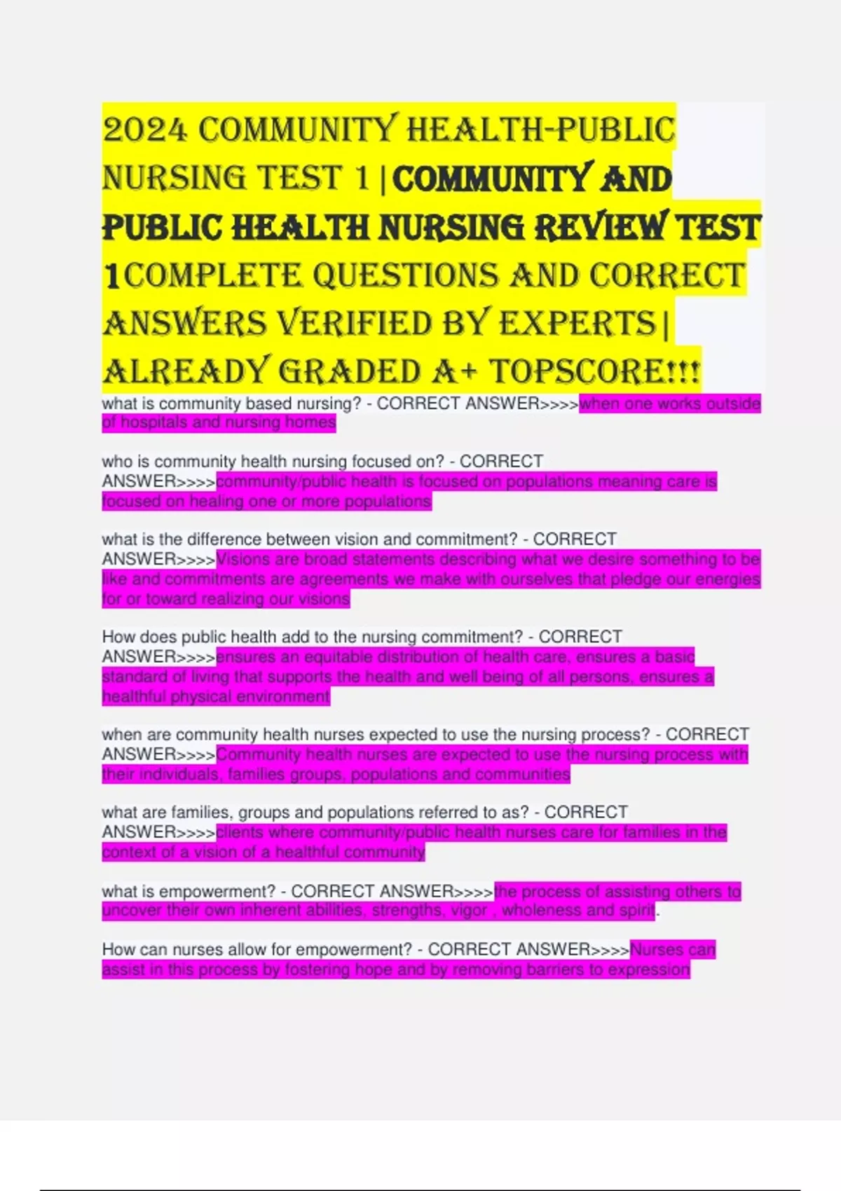 2024 COMMUNITY HEALTH-PUBLIC NURSING TEST 1|Community and Public Health ...