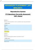 ADVANCED PLACEMENT (AP) BIOLOGY: REPRODUCTIVE SYSTEM 173 QUESTIONS CORRECTLY ANSWERED | 100% RATED