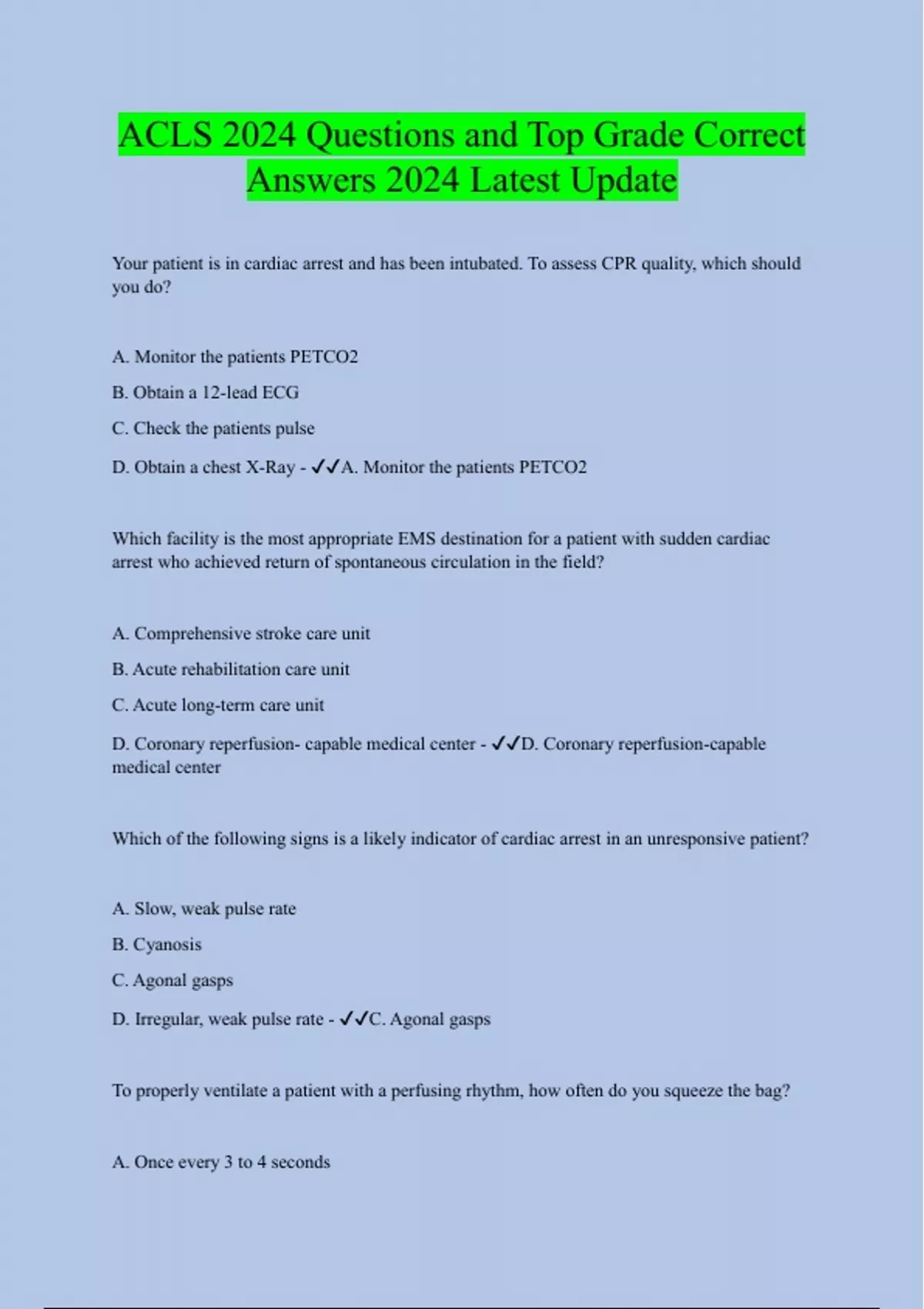 ACLS 2024 Questions and Top Grade Correct Answers 2024 Latest Update