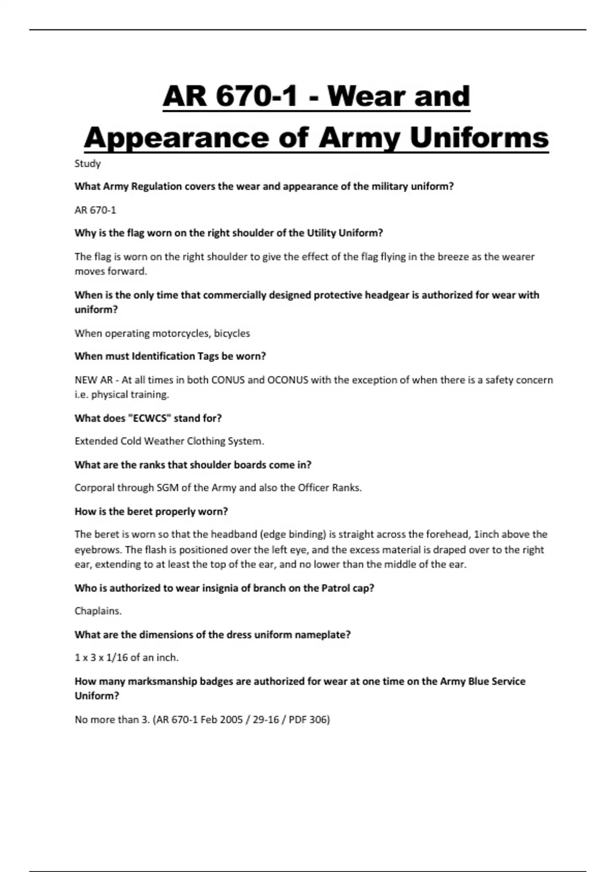 AR 670-1 - Wear and Appearance of Army Uniforms questions with all the ...