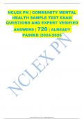 NCLEX PN | COMMUNITY MENTAL  HEALTH SAMPLE TEST EXAM  QUESTIONS AND EXPERT VERIFIED  ANSWERS | 720 | ALREADY  PASSED |2024-2025