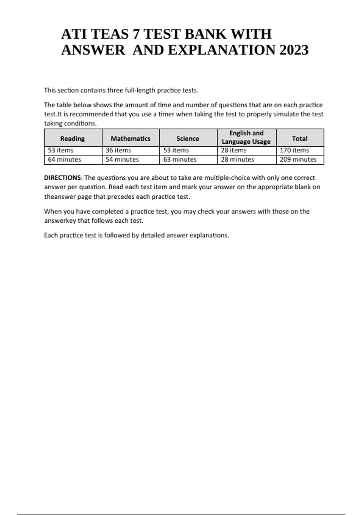 ATI TEAS 7 TEST BANK WITH ANSWER AND EXPLANATION 2023 Update - ATI TEAS ...