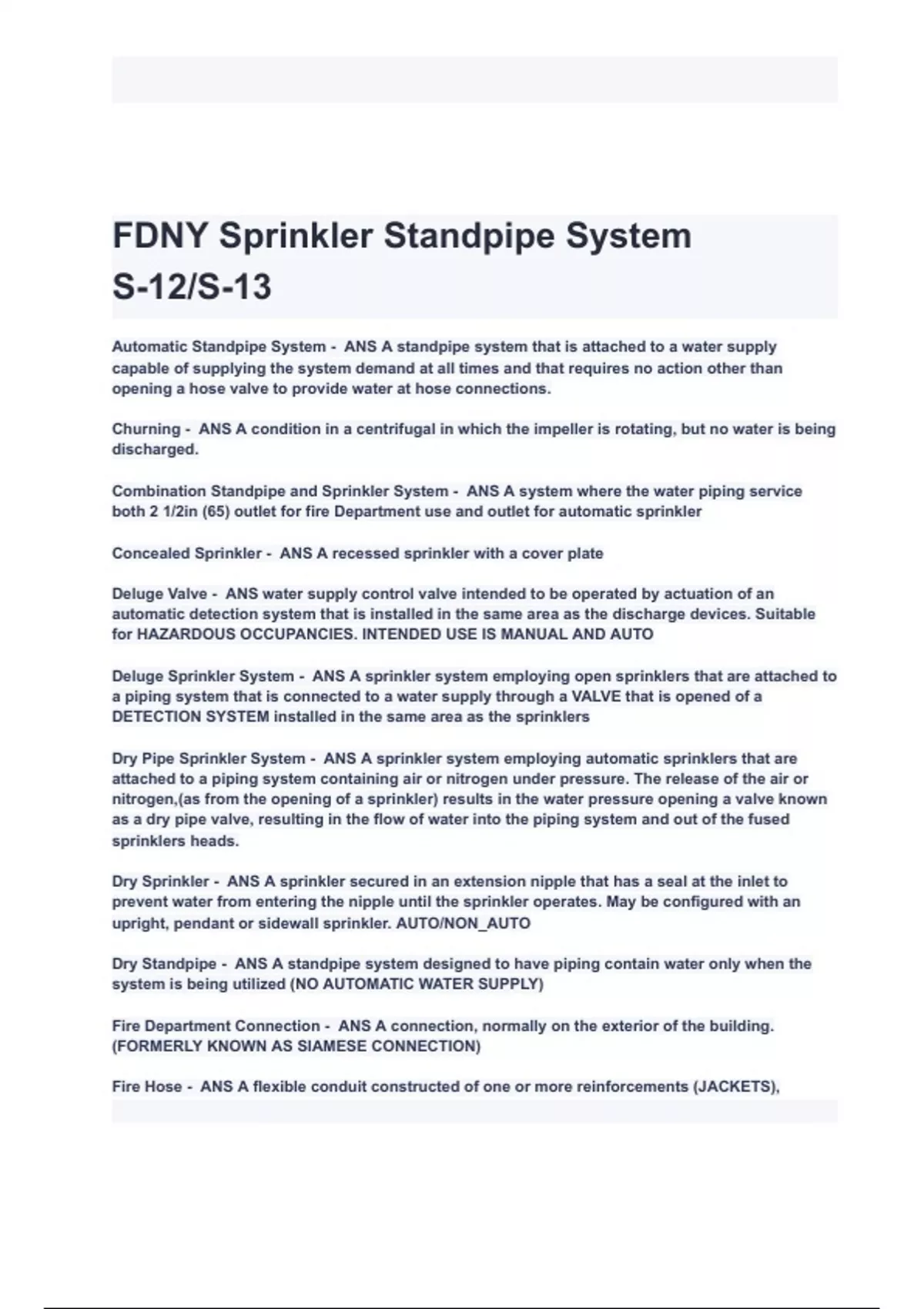 FDNY Sprinkler Standpipe System S12/S13 Exam Questions with correct