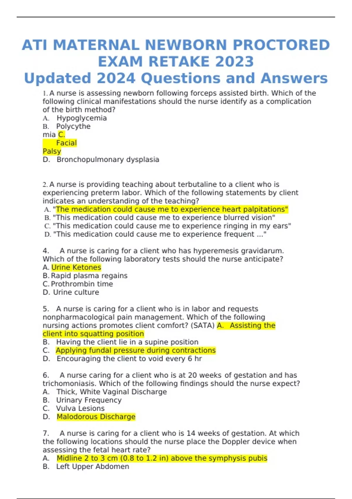 Ati Maternal Newborn Proctored Exam Retake 2019 Updated 2024 Questions And Answers[100 Verified