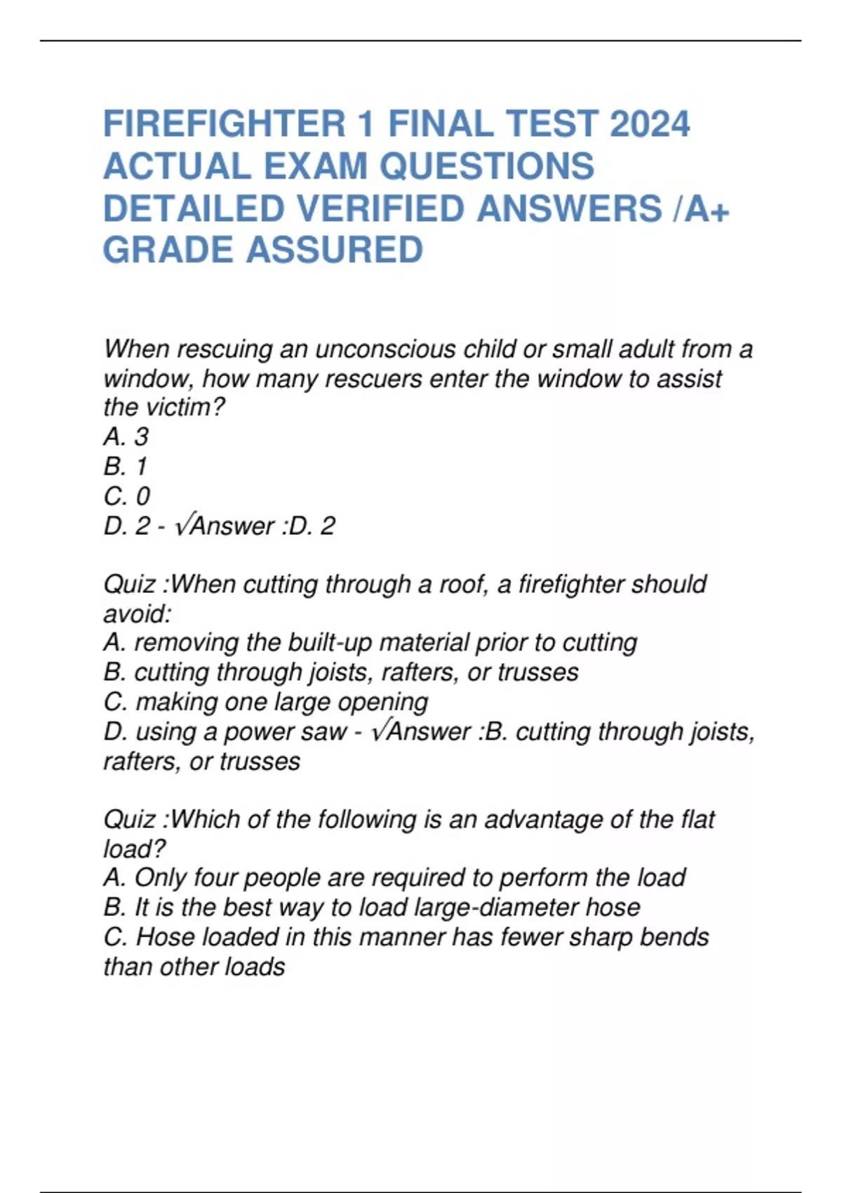 FIREFIGHTER 1 FINAL TEST 2024 ACTUAL EXAM QUESTIONS DETAILED VERIFIED ...