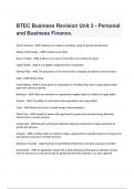 BTEC Business Revision Unit 3 - Personal and Business Finance 2024 Questions & Answers Already Graded A.
