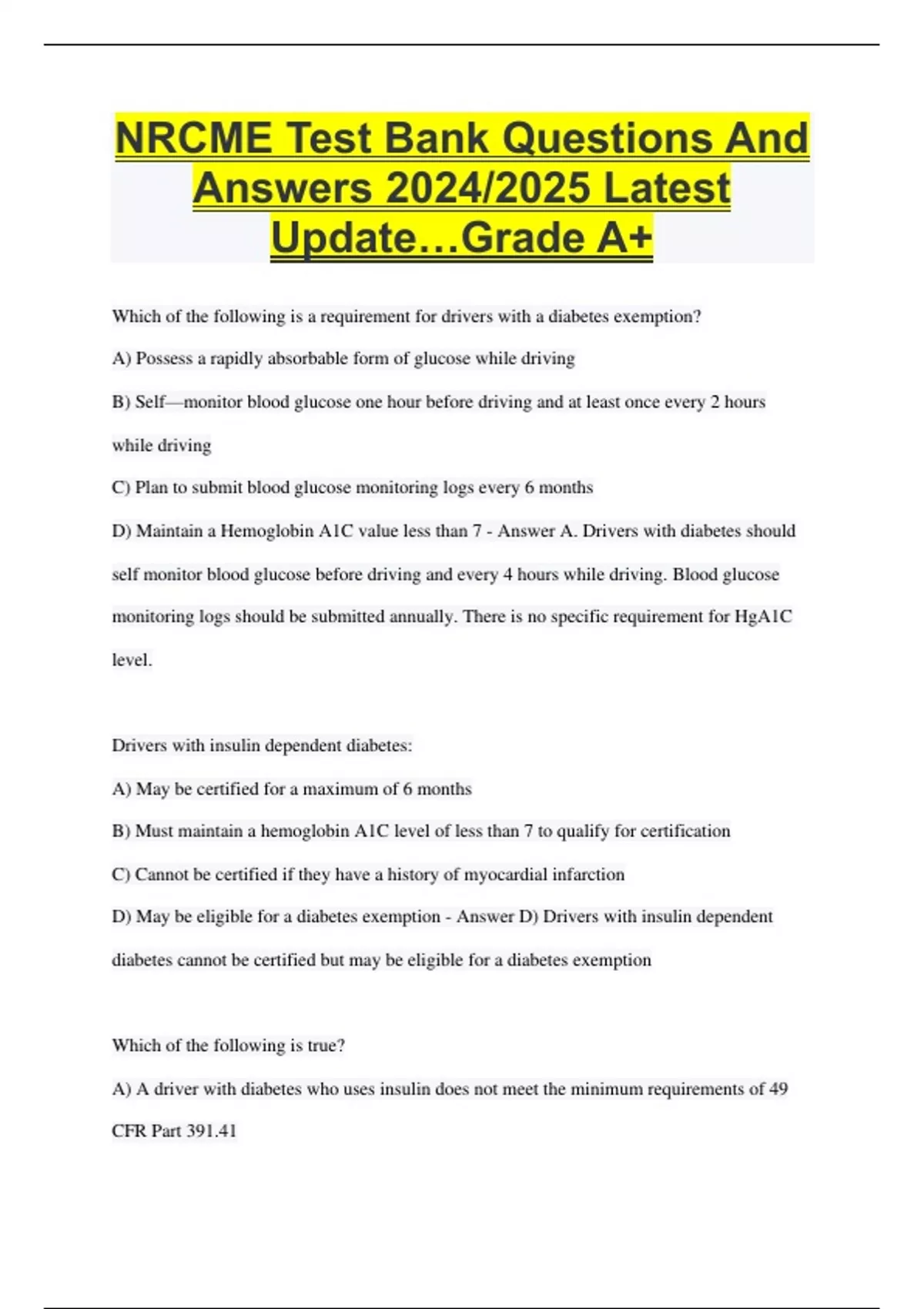 NRCME Test Bank Questions And Answers 2024/2025 Latest Update…Grade A+