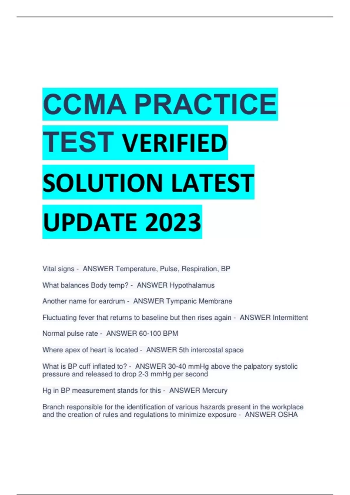 CCMA PRACTICE TEST VERIFIED SOLUTION LATEST UPDATE 2023 Vital signs