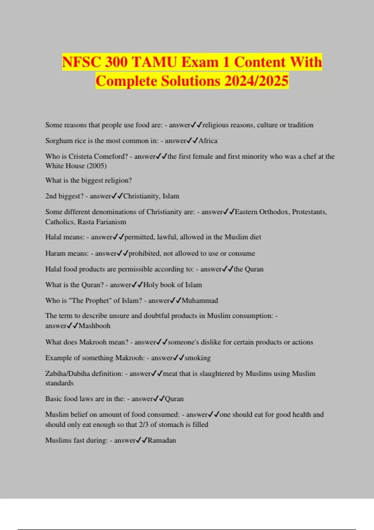 NFSC 300 TAMU Exam 1 Content With Complete Solutions 2024/2025 TAMU