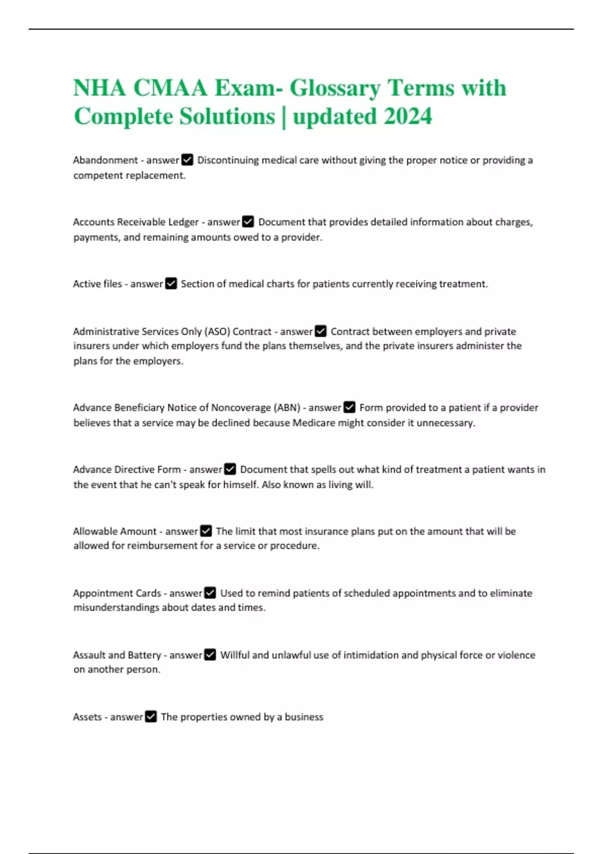 NHA CMAA Exam Glossary Terms with Complete Solutions updated 2024