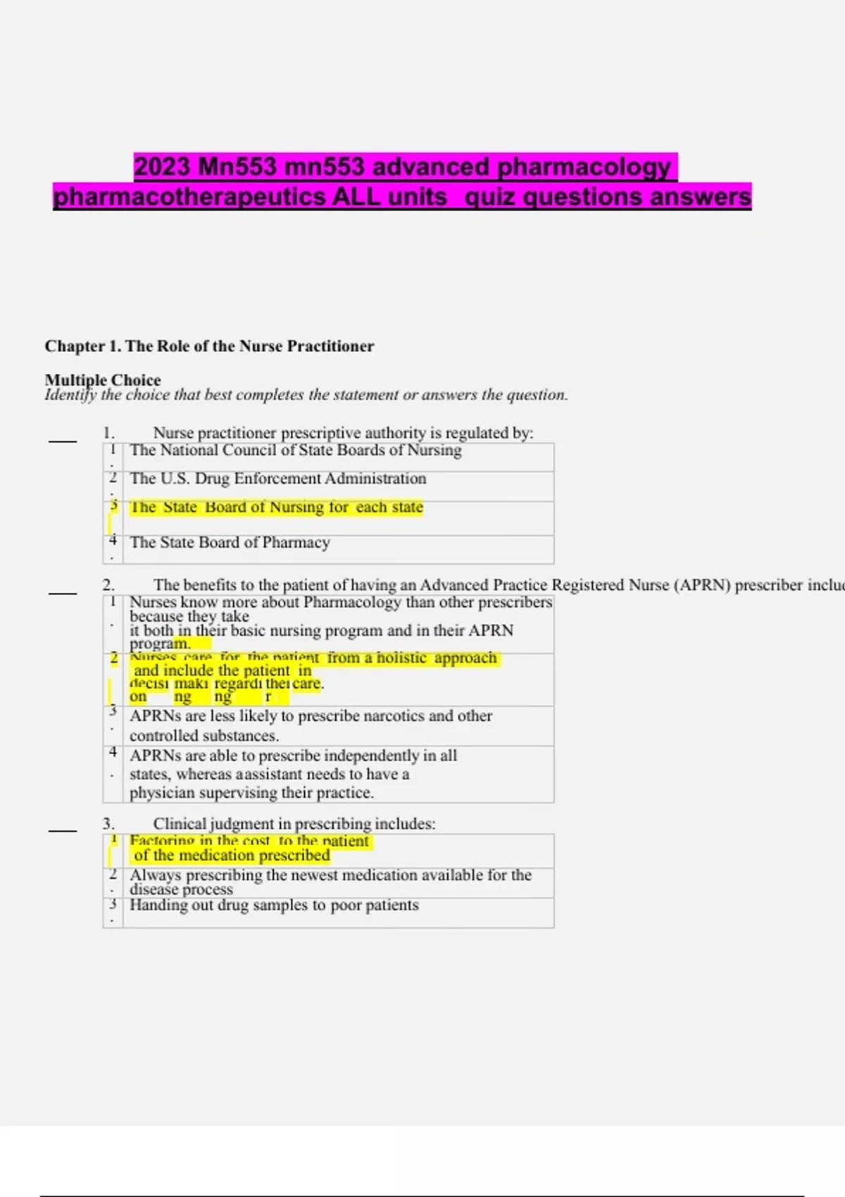 mn553 advanced pharmacology pharmacotherapeutics ALL units quiz questions answers Mn553